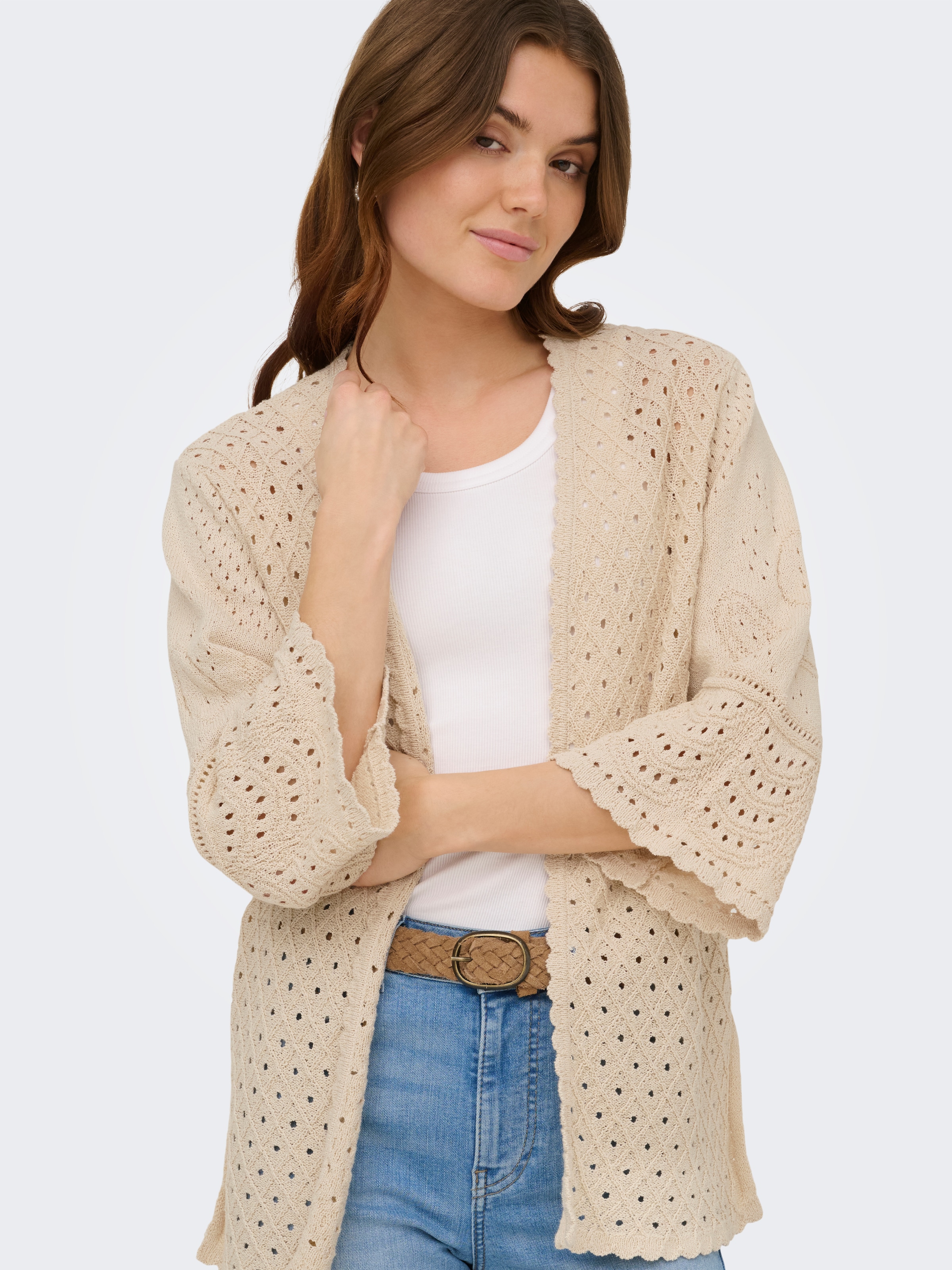 ONLY Veste en tricot »ONLLUZA 3/4 V-NECK LONG KIMONO KNT« Mélange de coton, coupe régulière, col en V