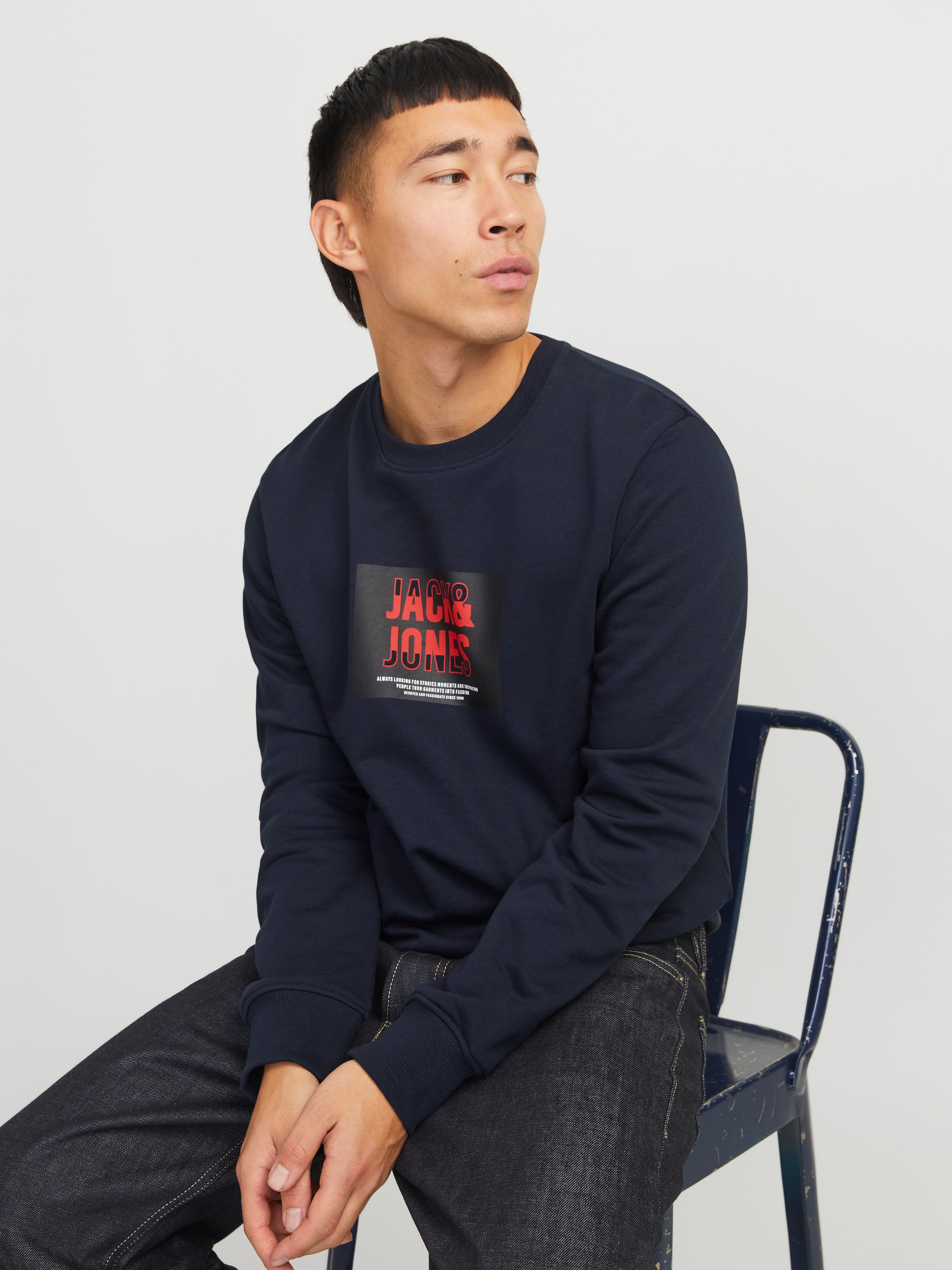 Jack & Jones Sweatshirt »JJHUDSON – Sweatshirt mit Print, Rundhals und Kapuze«, Print, modisch, regular fit, angeraute Sweatware, Rundhals
