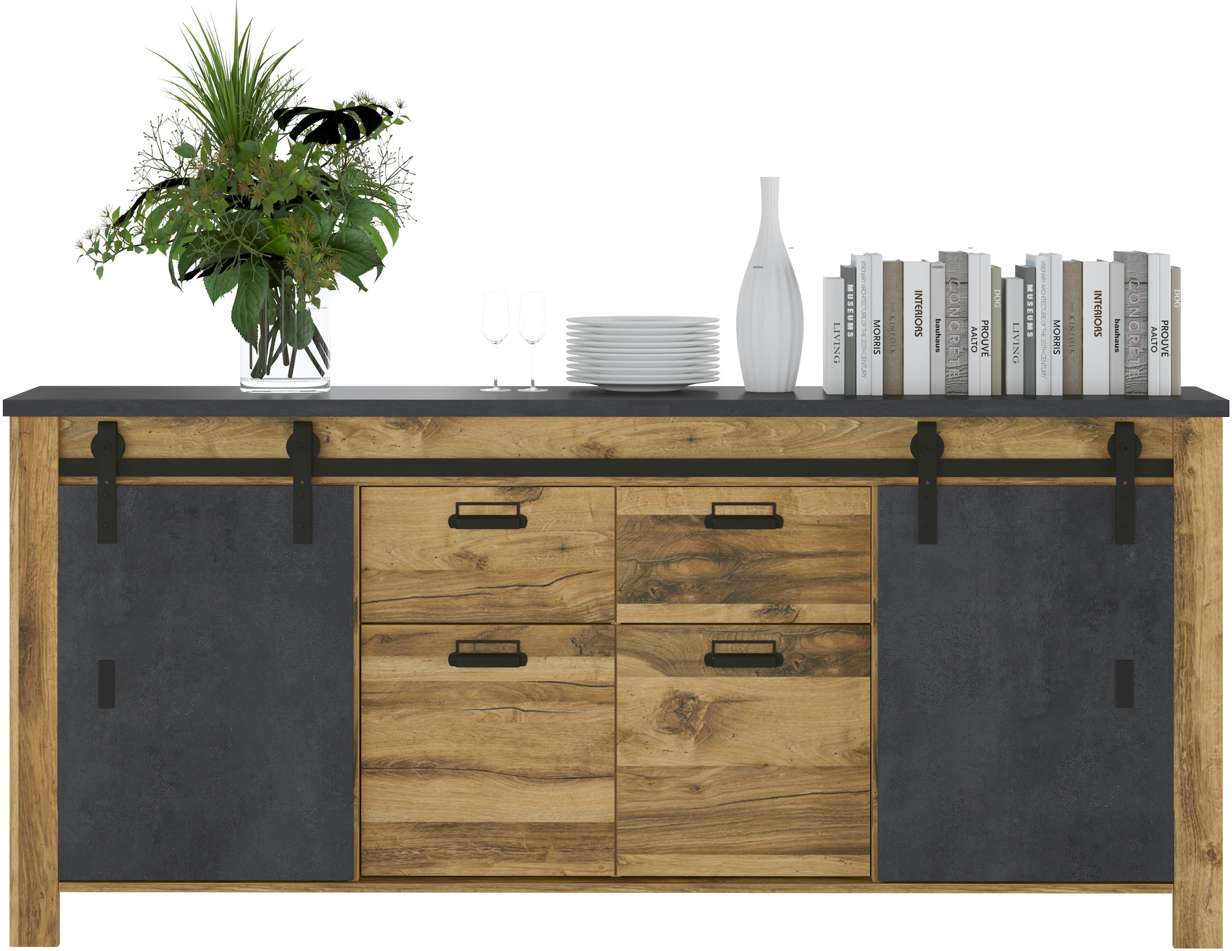Home affaire Sideboard »York, moderner Schrank, Kommode in Hunton Oak Dekor, Industrialdesign« mit Scheunentorbeschlägen & Apothekergriffen aus Metall, 201 cm breit