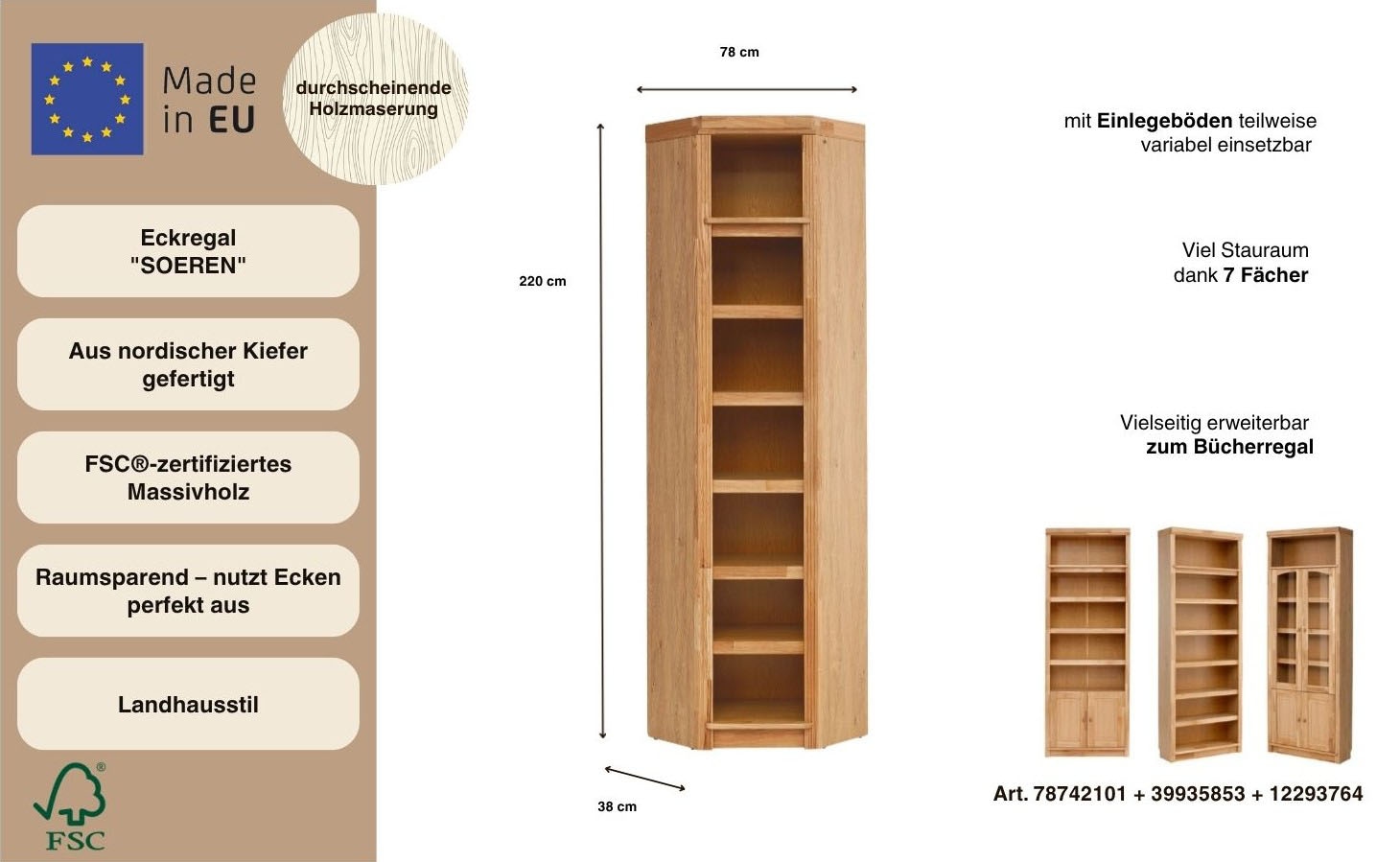Home affaire Étagère d'angle »Soeren« aus massiver Kiefer, in 2 Höhen, mit viel Stauraum, FSC®-zertifiziert