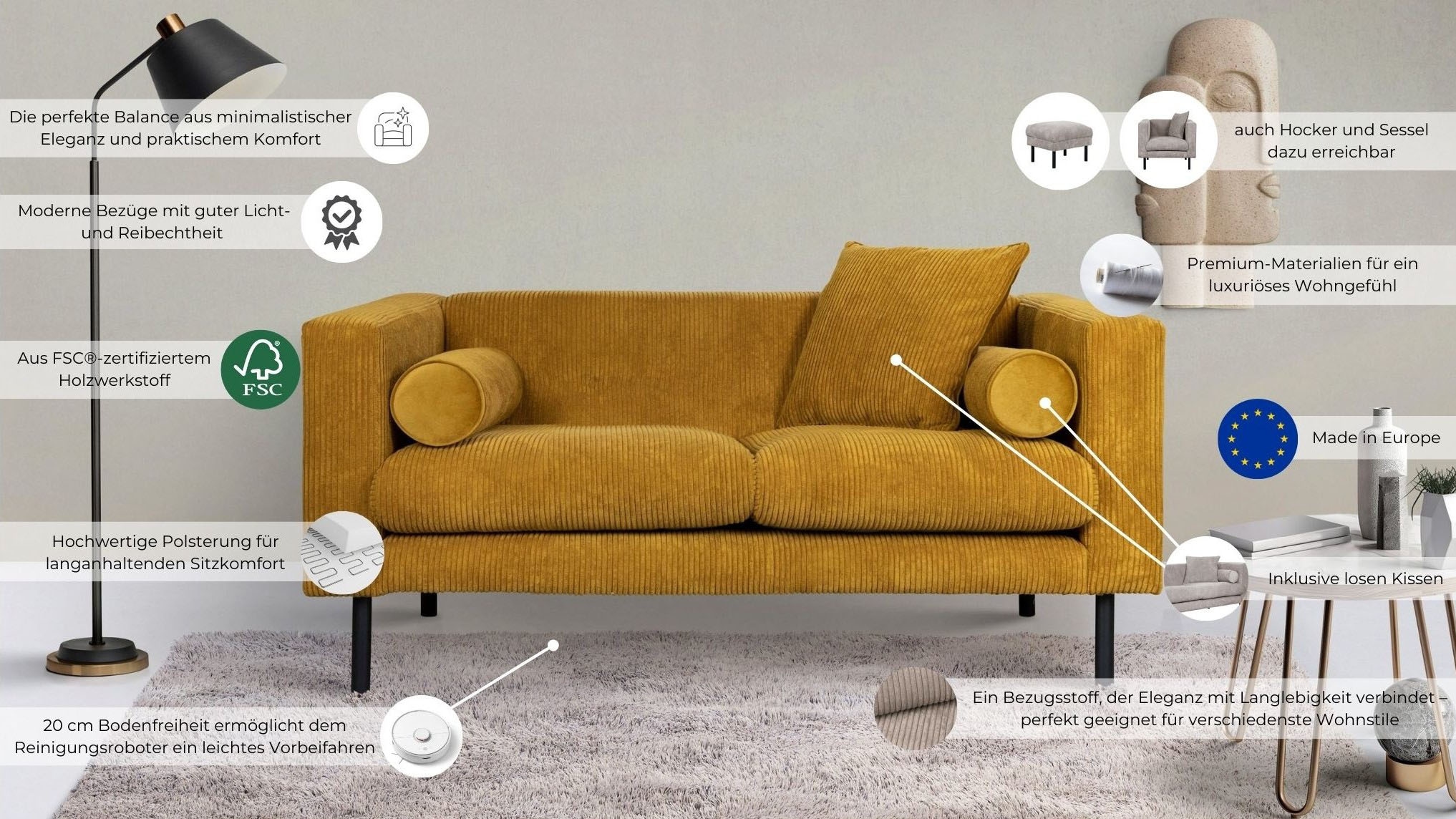 Home affaire 2-Sitzer »Lillibeth Designsofa mit Wellenunterfederung, Masse B/T/H: 155/74/83 cm« Zierkissen als Wendekissen, in Samtoptik oder Cord