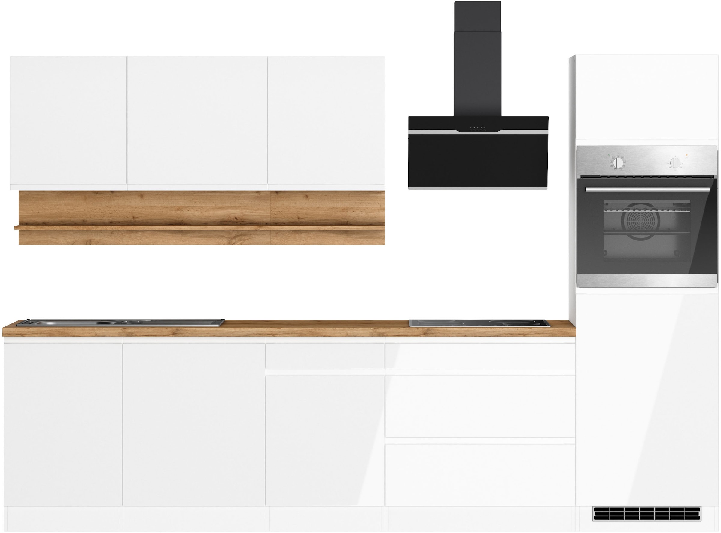 KOCHSTATION Kitchenette »KS-Virginia,neu in verbesserter Ausführung« plan de travail épaisseur 38 mm, rangement, fermeture douce,  largeur 300 cm, fermeture douce, avec appareils électriques en option