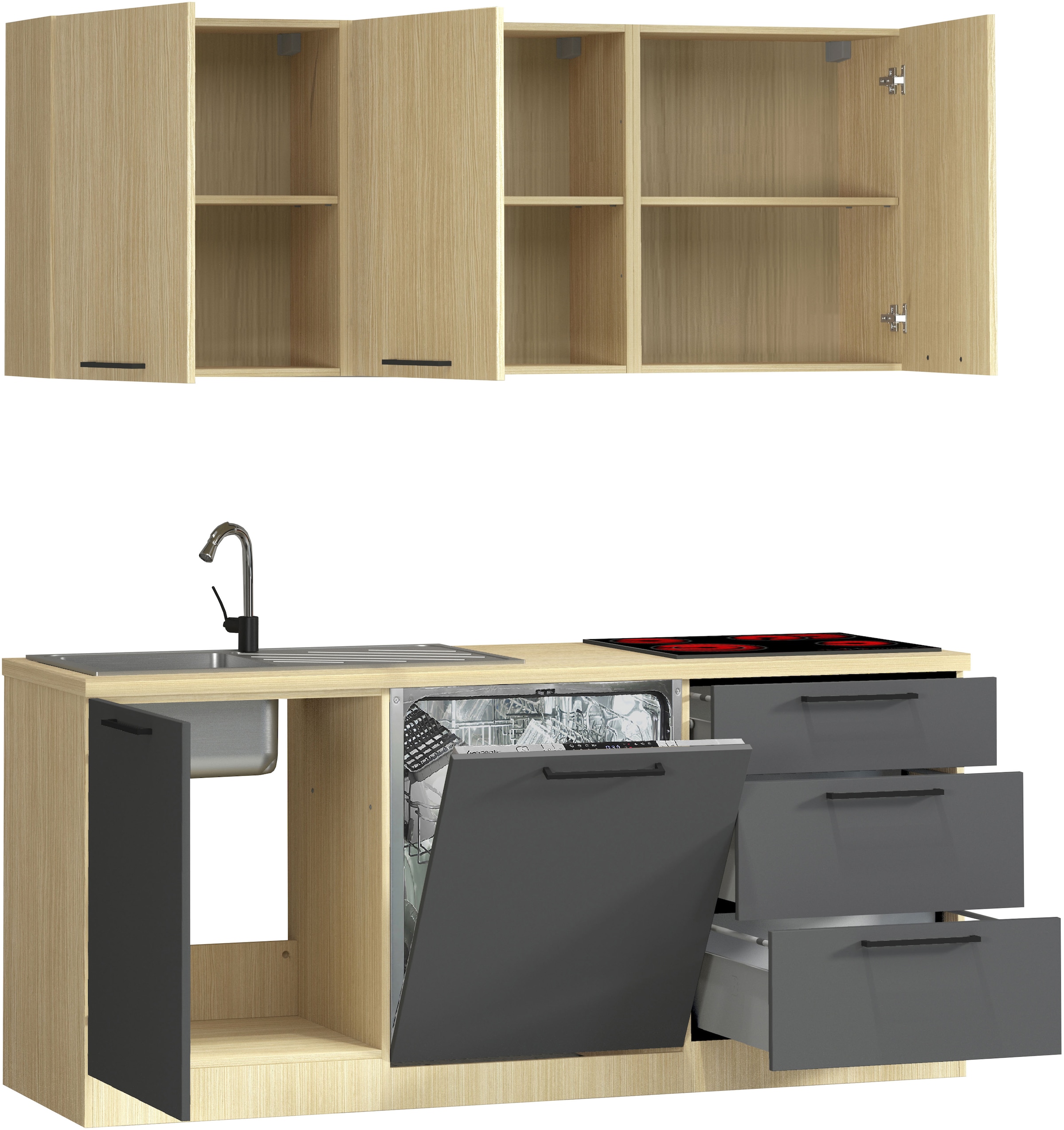 KOCHSTATION Kitchenette »Luna, Küchenzeile mit Spüle + Siphon, ohne E-Geräte« Breite 182 cm,Türen mit Soft-Close Funktion, Metalgriffe,Made in Italy