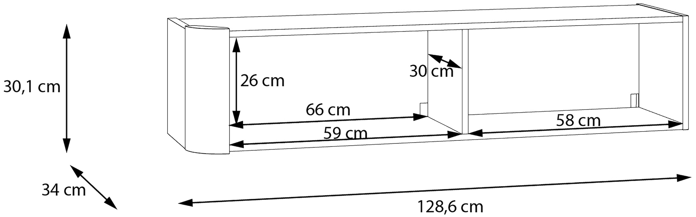 FORTE Étagère murale L/H/P 128,6/30,1/34 cm, abattants, façade sans poignée