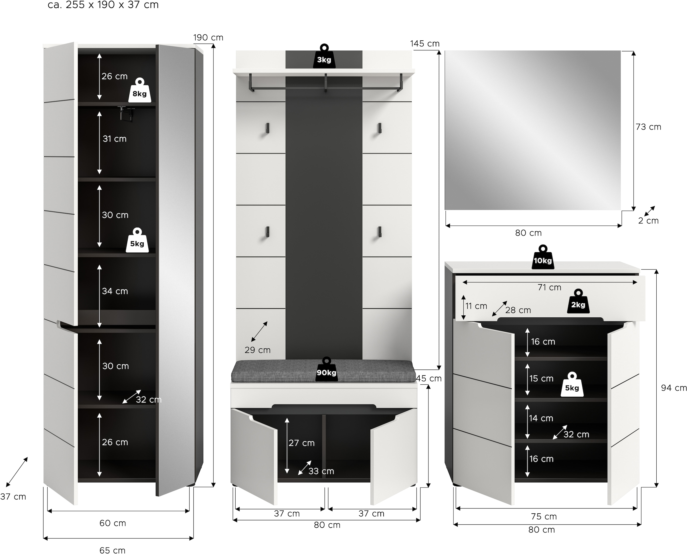 Home affaire Garderoben-Set »REHAT, TOPSELLER!, 5-teilig, Breite 255 cm, individuell erweiterbar« Set, bestehend aus: Schrank, Sitzbank, Sitzkissen, Paneel, Spiegel, Kommode, 6 Stk. tlg.