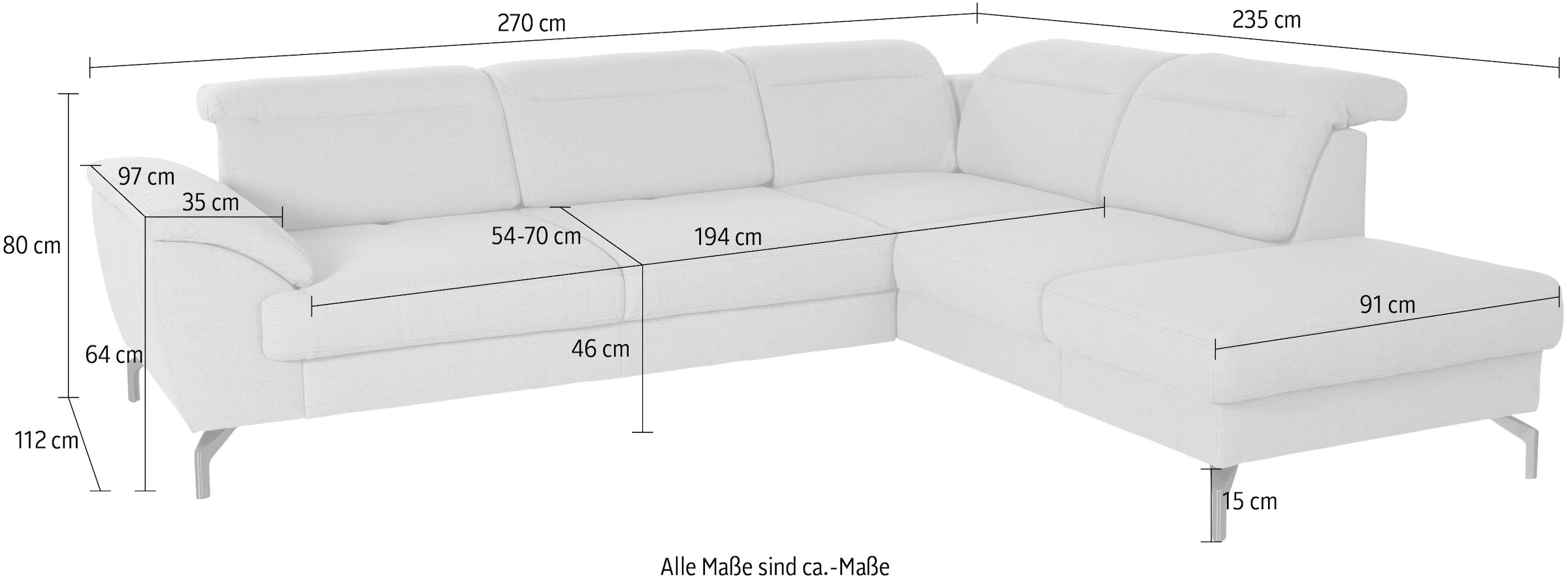 sit&more Ecksofa »Percy L-Form« 15 cm Fusshöhe, Sitztiefenverstellung, wahlweise in 2 Fussfarben