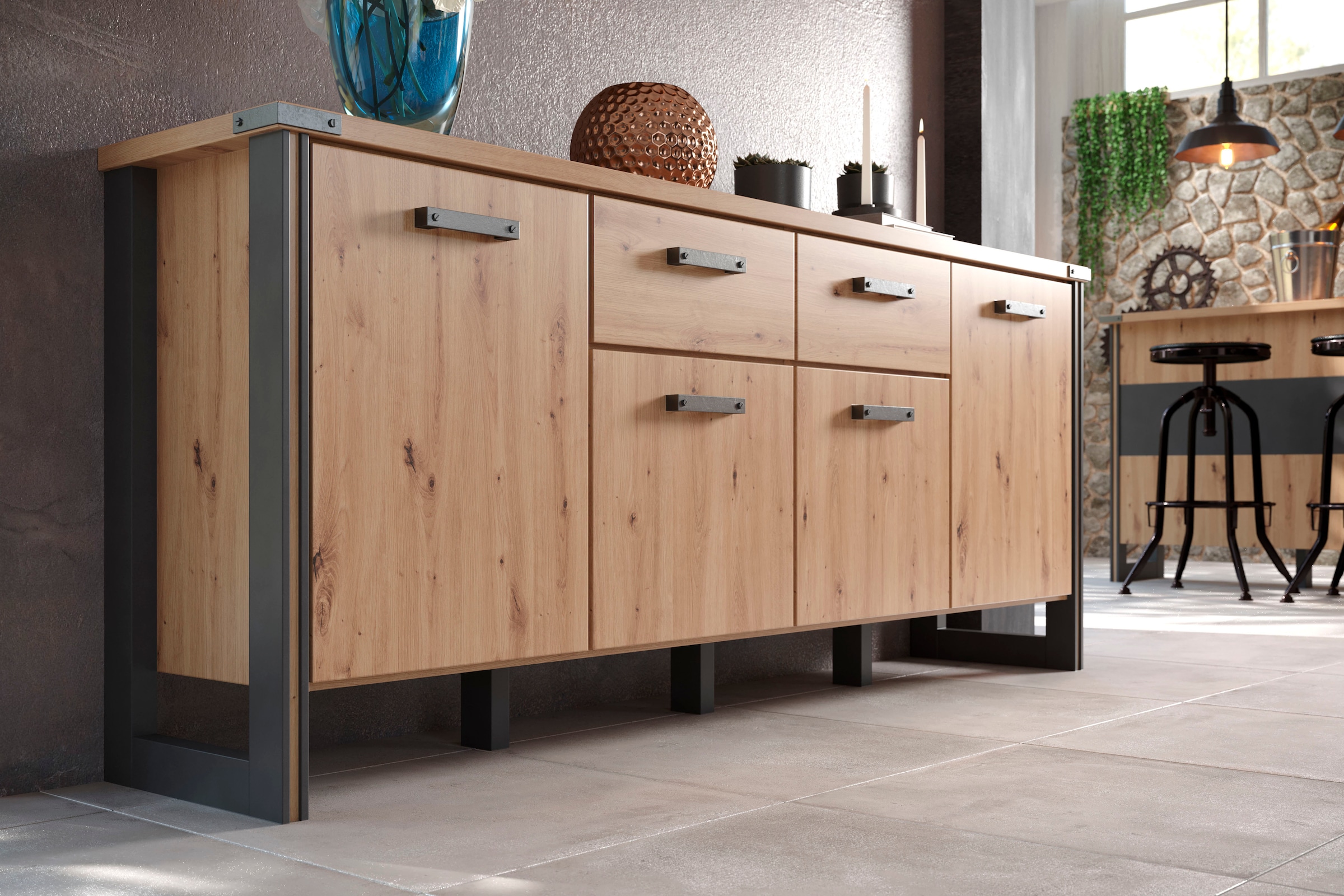 Home affaire Sideboard »Mia« 1 cuis tlg. Echtholzoptik, Eiche, 207 cm breiter Schrank
