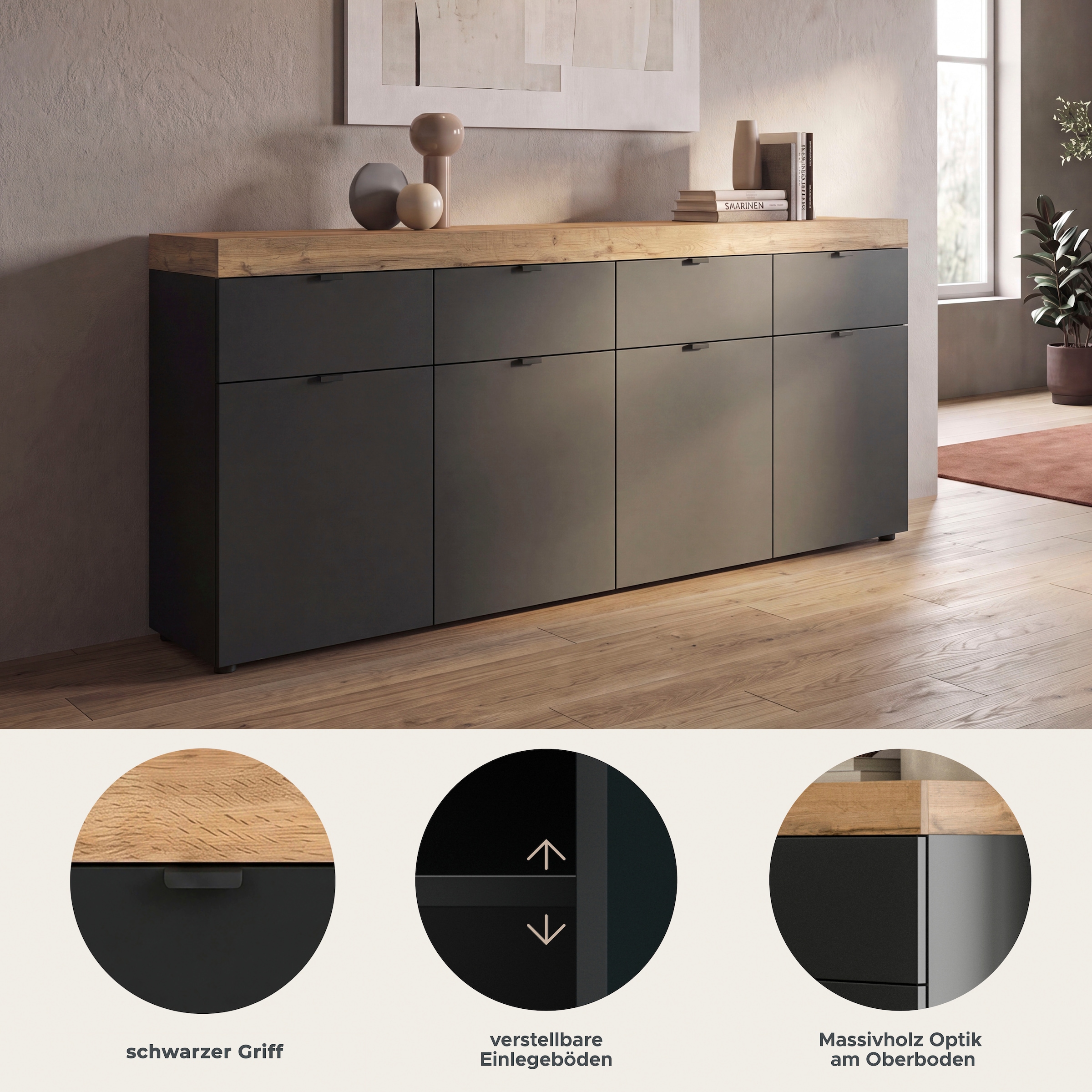 GOODproduct Sideboard »MAMBO II, Breite 200cm, 4 Türen, 4 Schubkästen, 8 Fächer« 1 Stk. tlg. Kommode, Anrichte, Wohnzimmer, Schlafzimmer