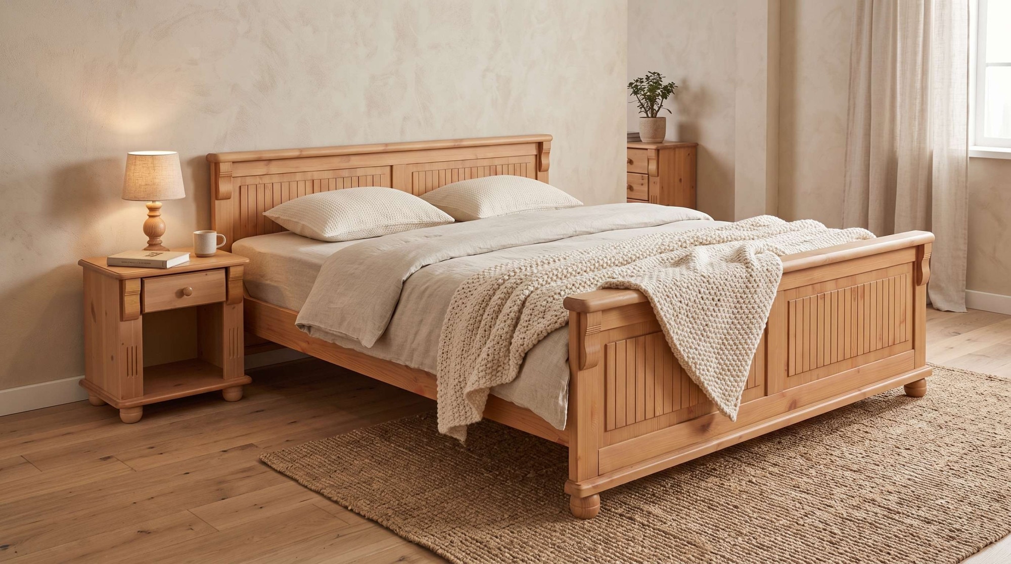 GOODproduct Lit en bois massif »Adele« Largeur 140 ou 180 cm, style maison de campagne,  en pin massif, belle optique à caissons, optique lamelle