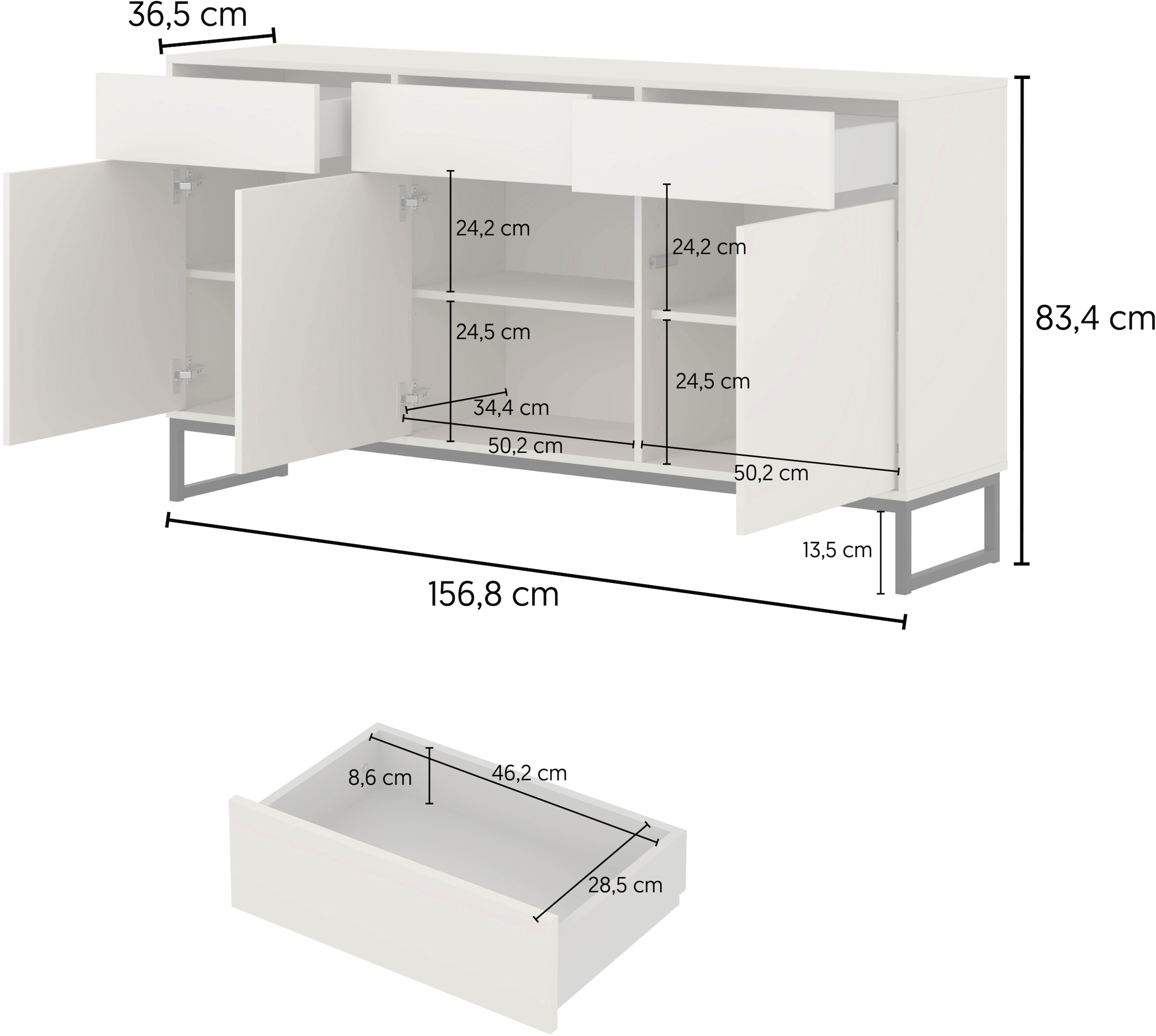 GOODproduct Buffet »Loft, Breite 157 cm, grifflose Kommode 3 Türen/3 Schubkästen.« commode à tiroirs avec beaucoup de rangement, étagères réglables
