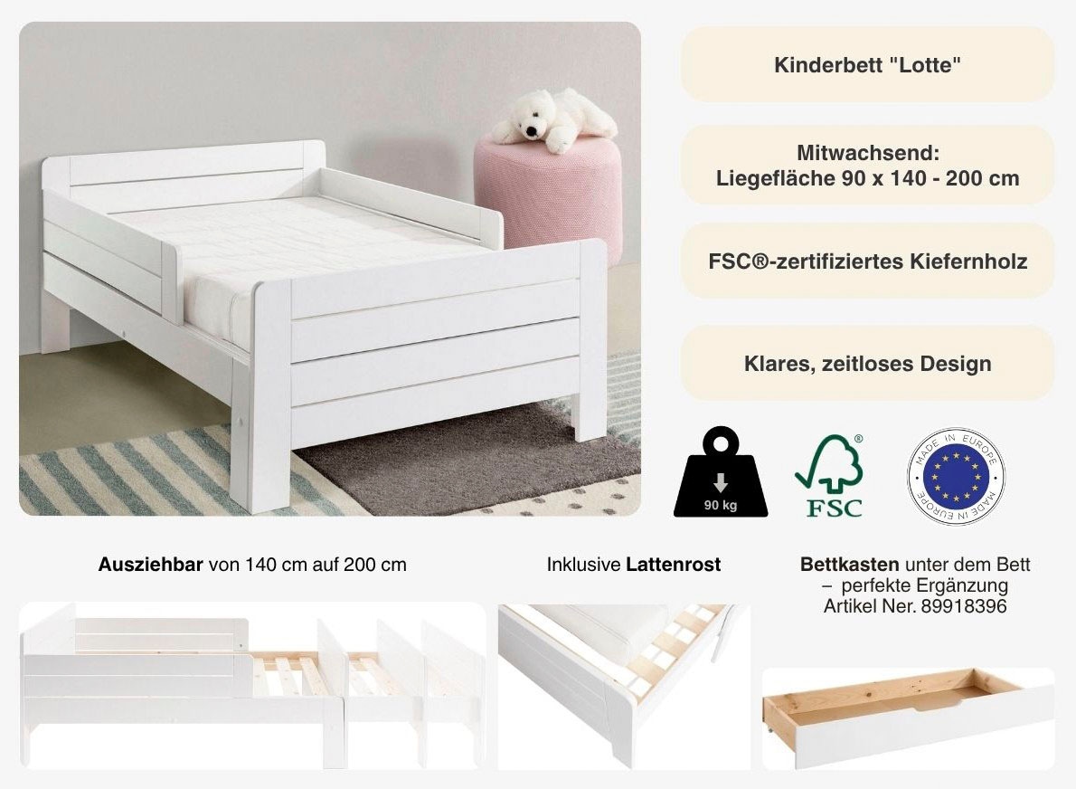 Lüttenhütt Lit fonctionnel »"LOTTE " Bestseller! Kinderbett mit Rausfallschutz, Schublade optional« ausziehbar von 140cm-200cm Länge,  Mitwachsend, FSC® zertifiziertes Massivholz