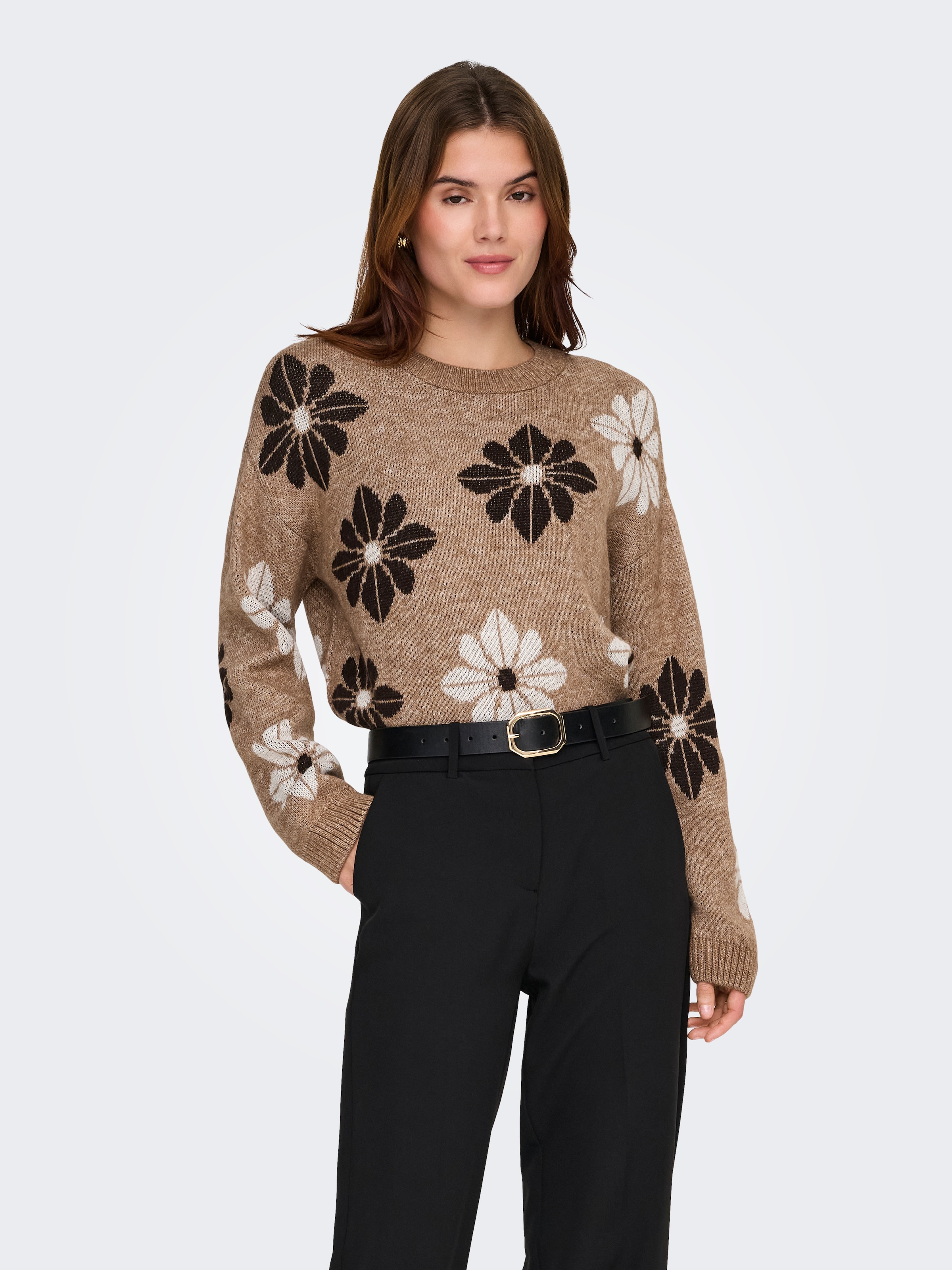 ONLY Rundhalspullover »ONLFREESIA LS FLOWER O-NECK RP KNT« mit Blümchen - Strickmuster