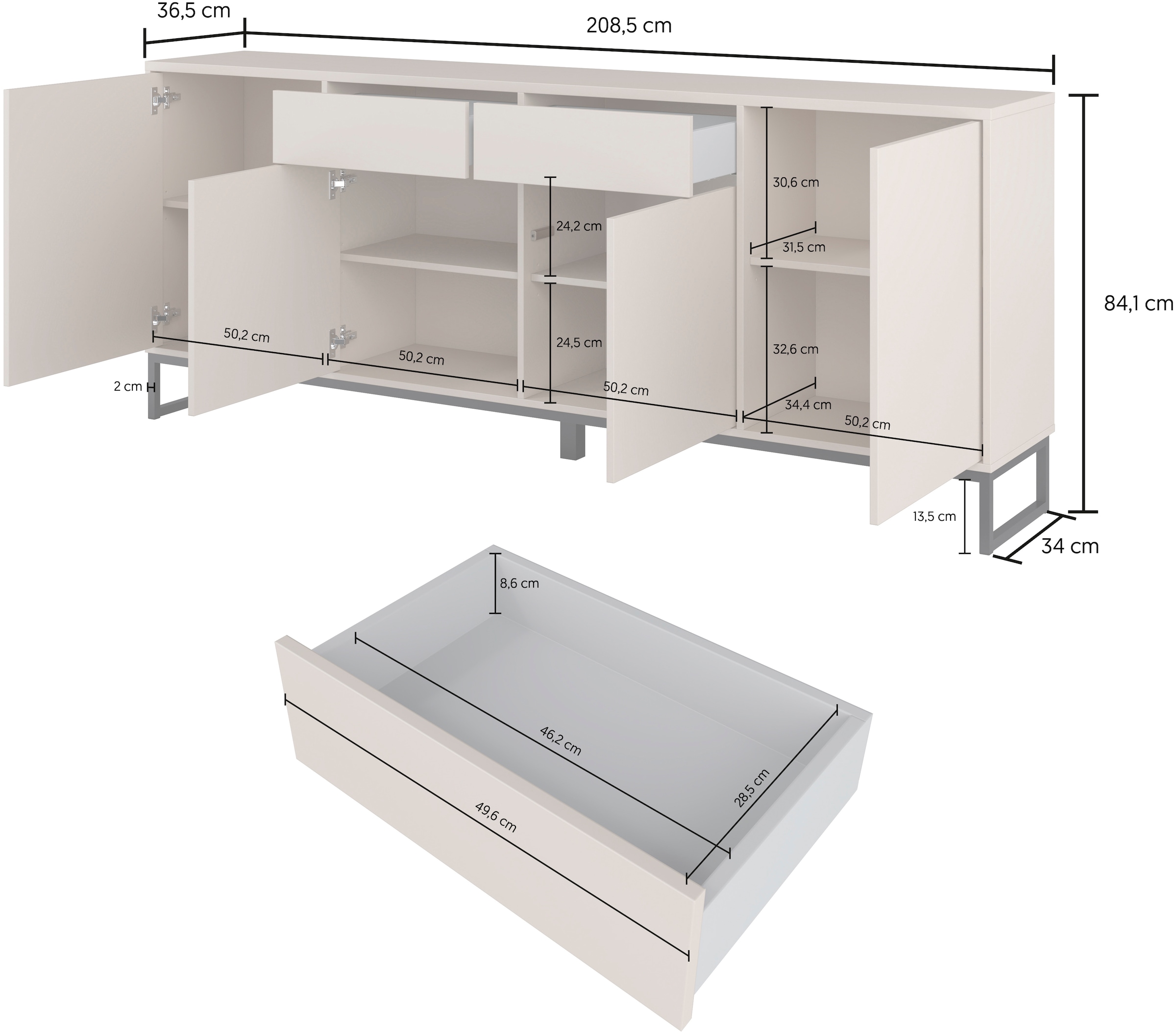 Home affaire Sideboard »Alto, Breite 208,5 cm, grifflose Kommode 4 Türen/2 Schubkästen.« Schubladenschrank mit viel Stauraum, Einlegeböden verstellbar