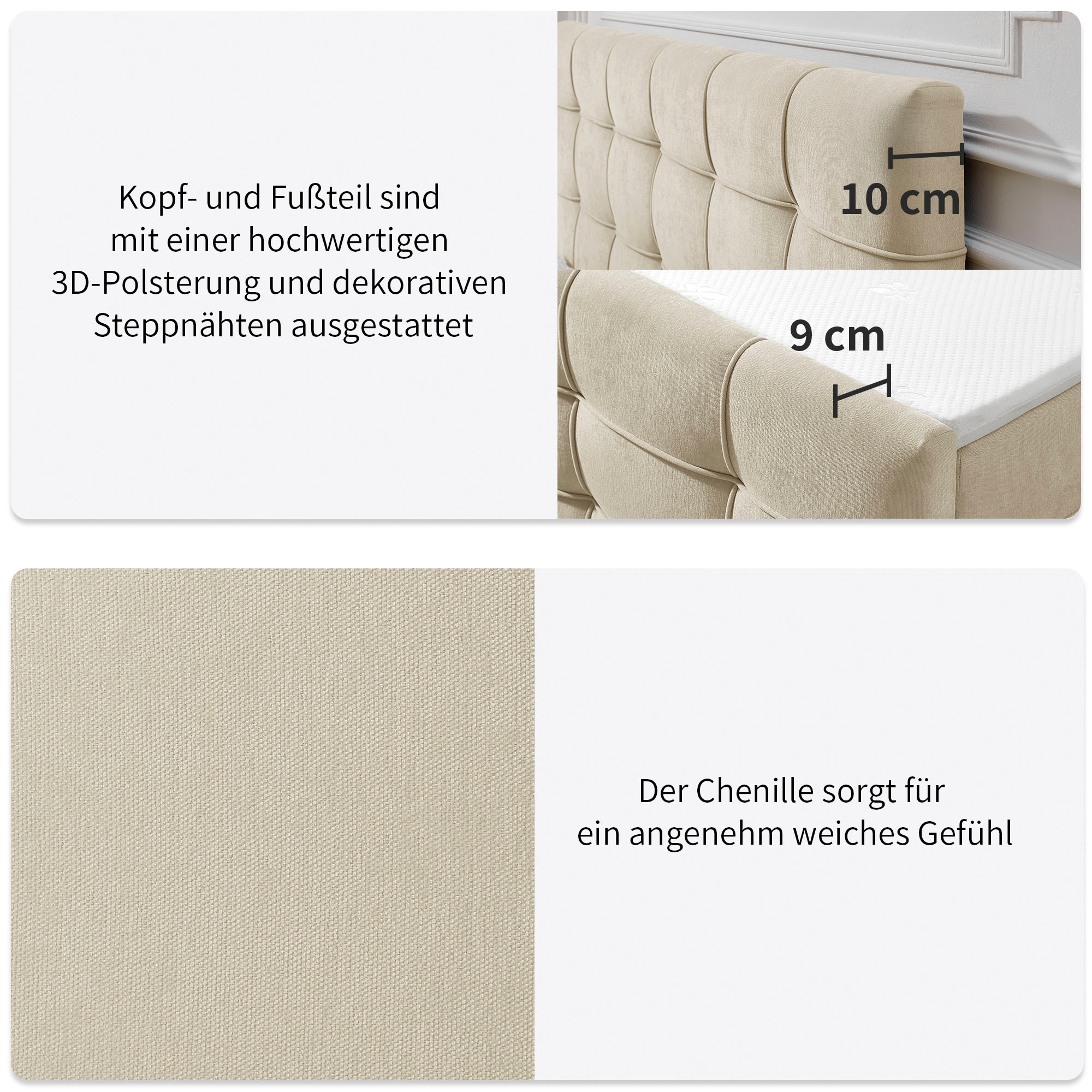 GOODproduct Lit de boxe »LILIENNE, Polsterbett mit Bettkasten und Taschenfederkernmatratze H3« avec surmatelas en mousse froide, revêtement en chenille, 160x200 & 180x200 cm