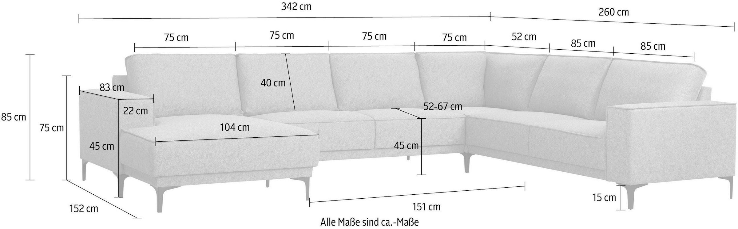 PLACES OF STYLE Paysage de salon »XXL Sofa Oland, Struktur, Flachgewebe, Luxus-Microfaser, Boucle« U-Form, 342 cm, Wellenunterfederung, Skandi-Design, Metallfüsse