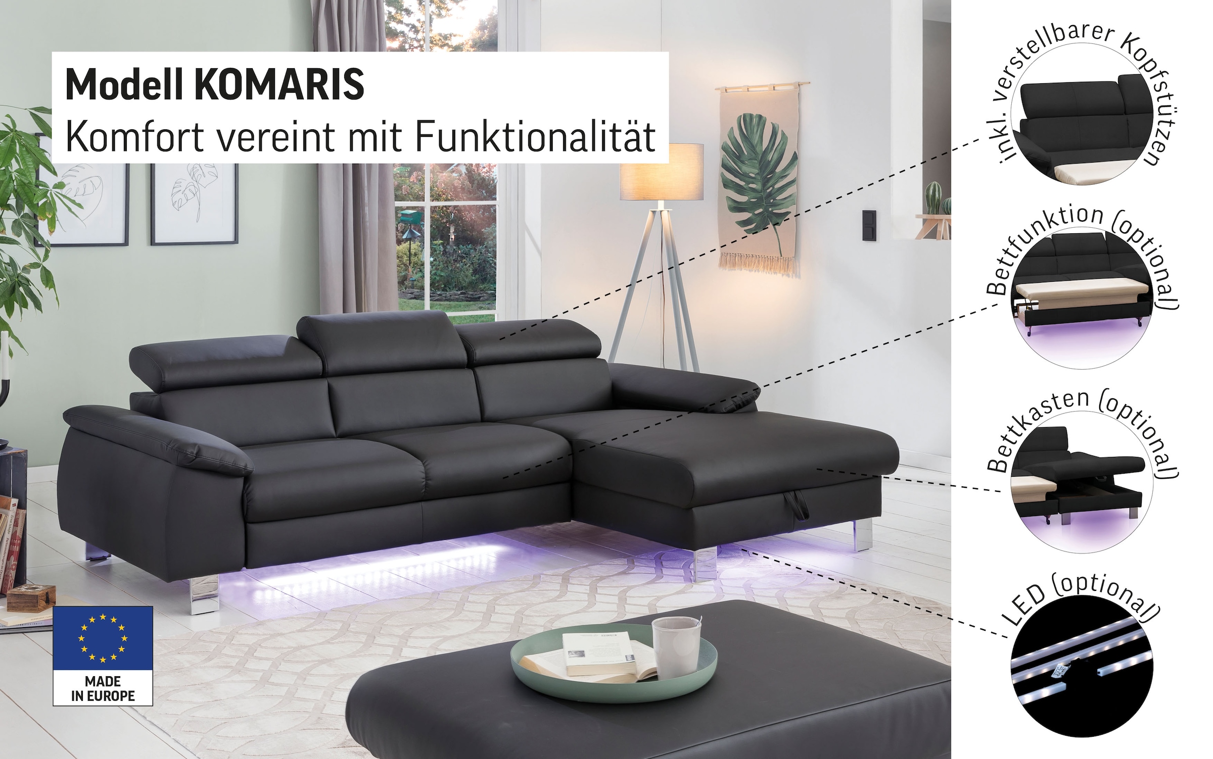 COTTA Canapé d'angle »Komaris L-Form, B: 244 cm« avec réglage de la tête de lit, fonction lit optionnelle, coffre-lit et lumière