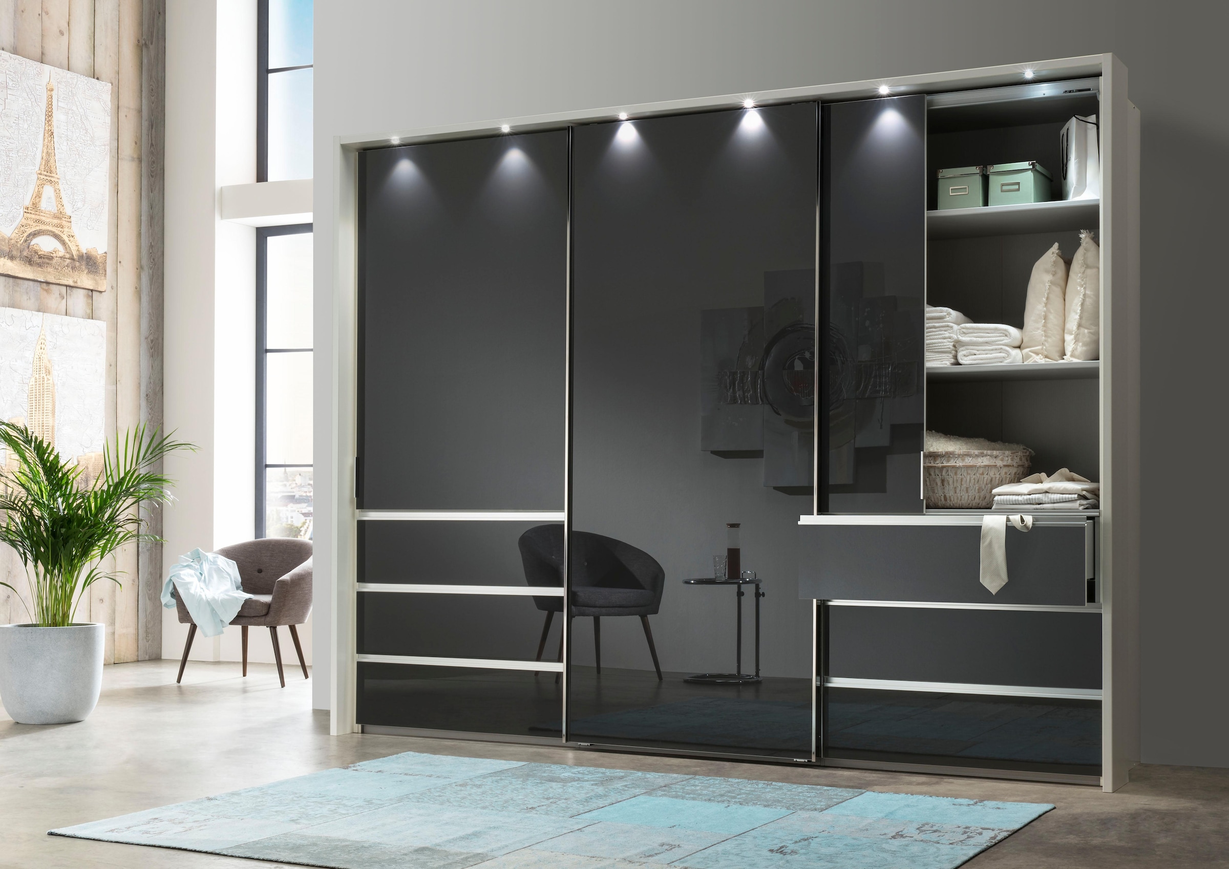 WIEMANN Schwebetürenschrank »Malibu, stilvolles Design, Made in Germany« mit Glasfront, in verschiedenen Breiten, Schubladen mit Selbsteinzug