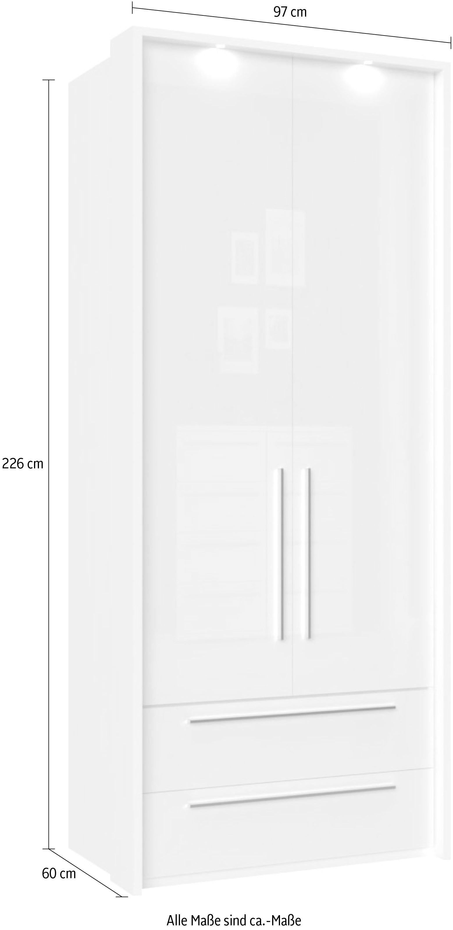 GOODproduct Drehtürenschrank »Piano, inklusive Rahmen und Beleuchtung, soft-close-Funktion« viele Breiten zur Auswahl, 226cm hoch, mit jeweils 2 Schubladen,  beige oder weiss, UV lackiert, Hochglanzfronten, FSC-zertifiziert