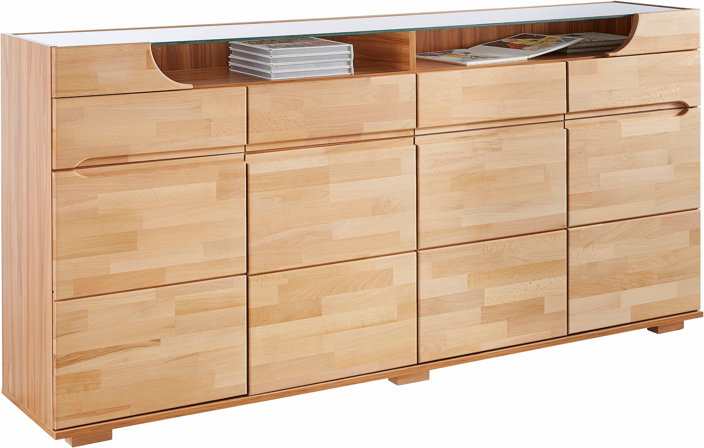 GOODproduct Sideboard »Vetro,200cm breit,40 cm tief,4 Schubladen Oberplatte aus Glas« Kernbuche massiv, Holzwerkstoff, 4Türen,4 Schubladen, Griffmulden