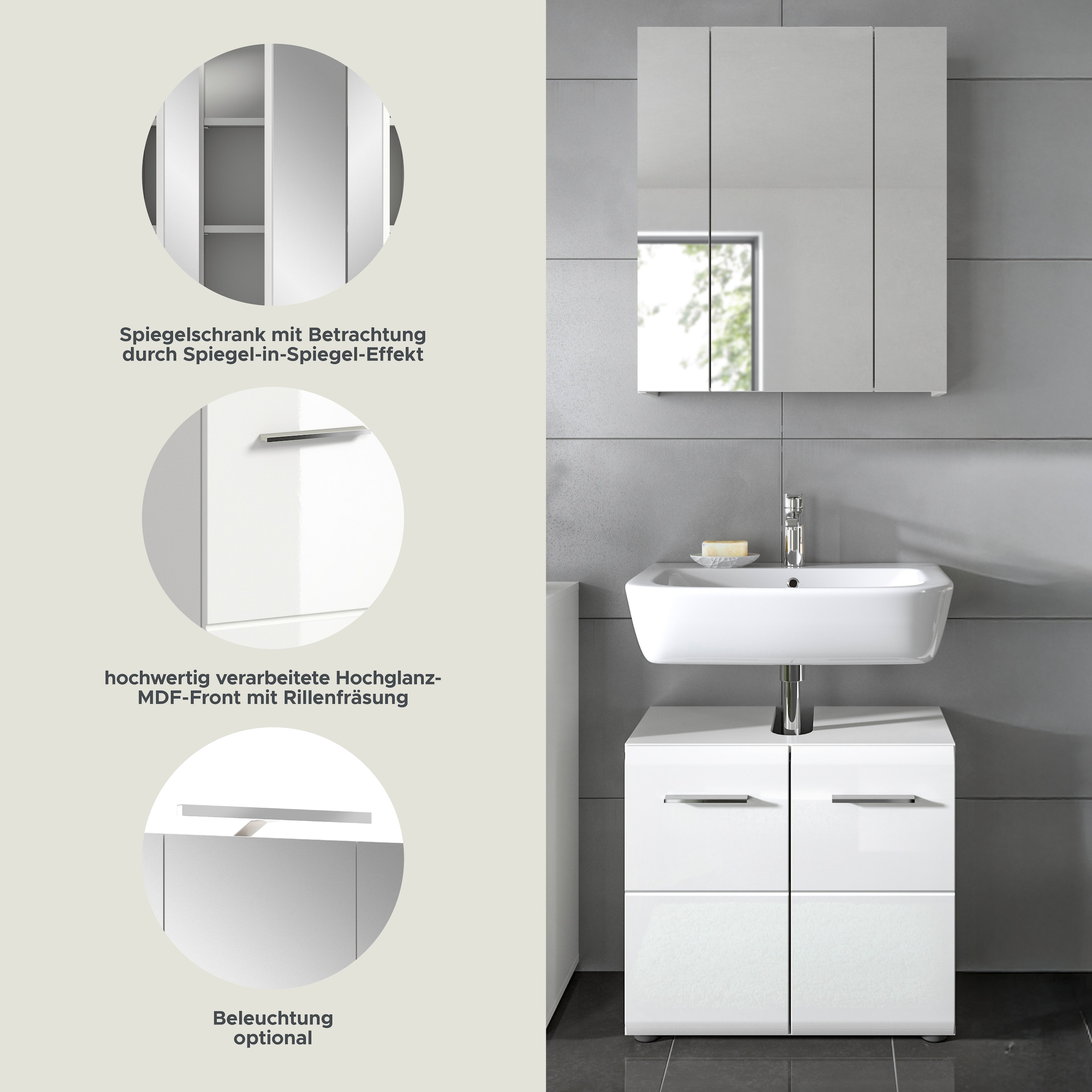 INOSIGN Badmöbel-Set »FLORENZ, TOPSELLER!, 2-teilige Badkombination, hochwertige MDF-Front« Set, bestehend aus: 1 Waschbeckenunterschrank, 1 Spiegelschrank, 