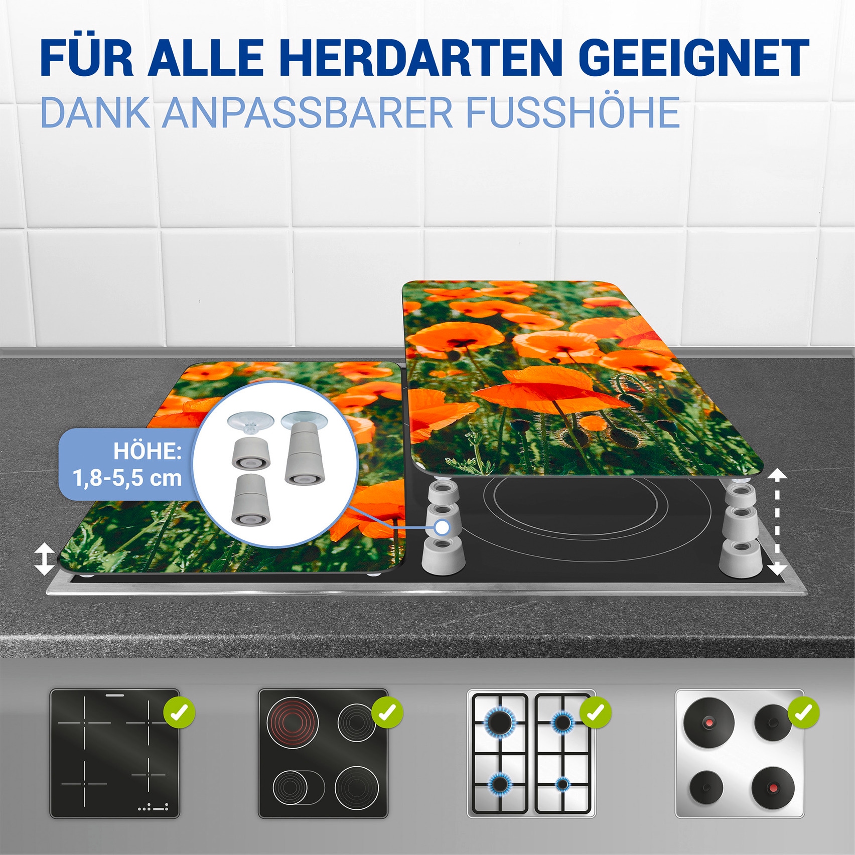 WENKO Herd-Abdeckplatte »Universal Modell Mohnfeld« Herdabdeckung für alle Herdarten, kratzfest, mit rutschfesten Füssen