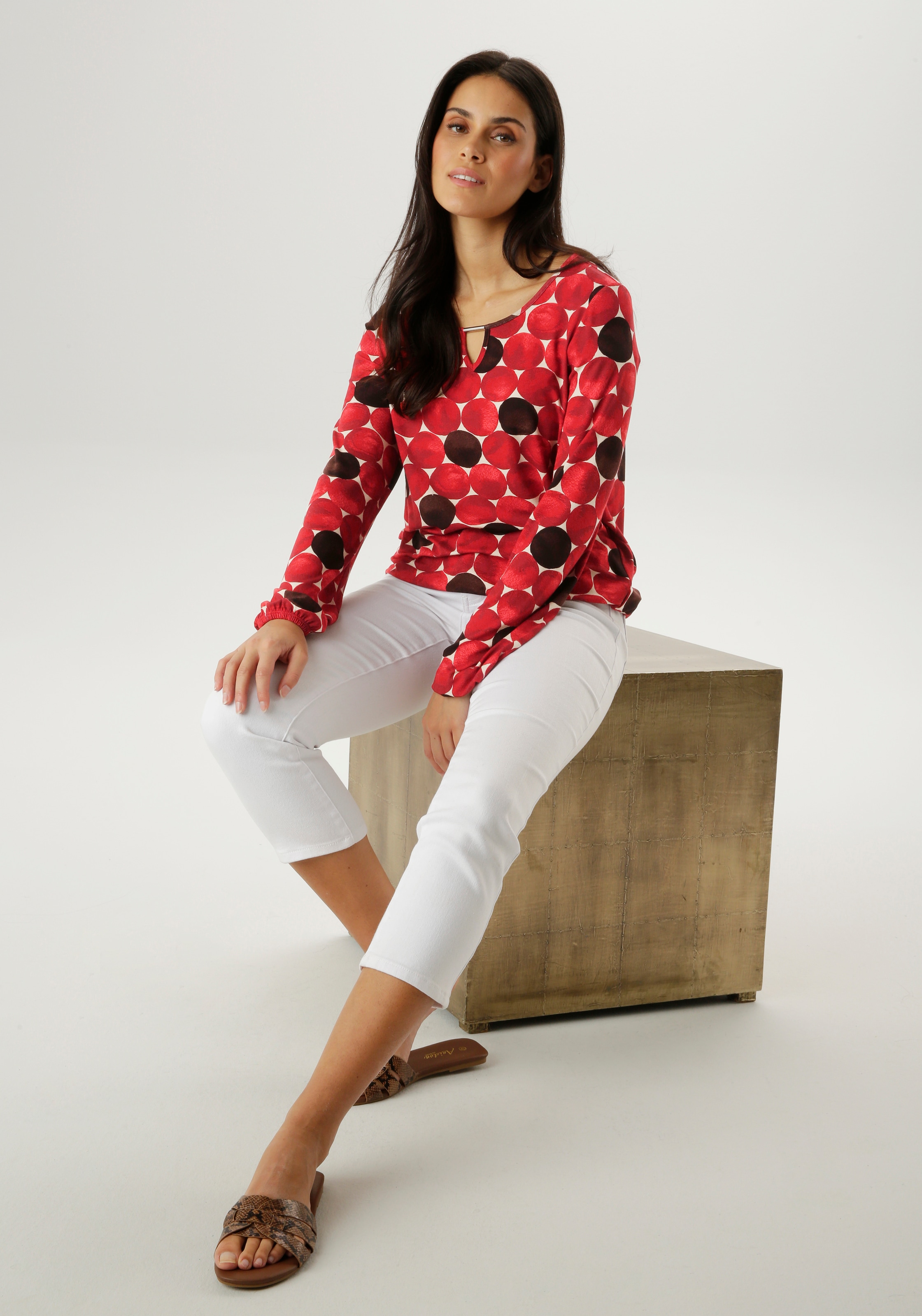 Aniston SELECTED Langarmshirt mit Cut-out und grossflächigen Kreis-Druck - NEUE KOLLEKTION