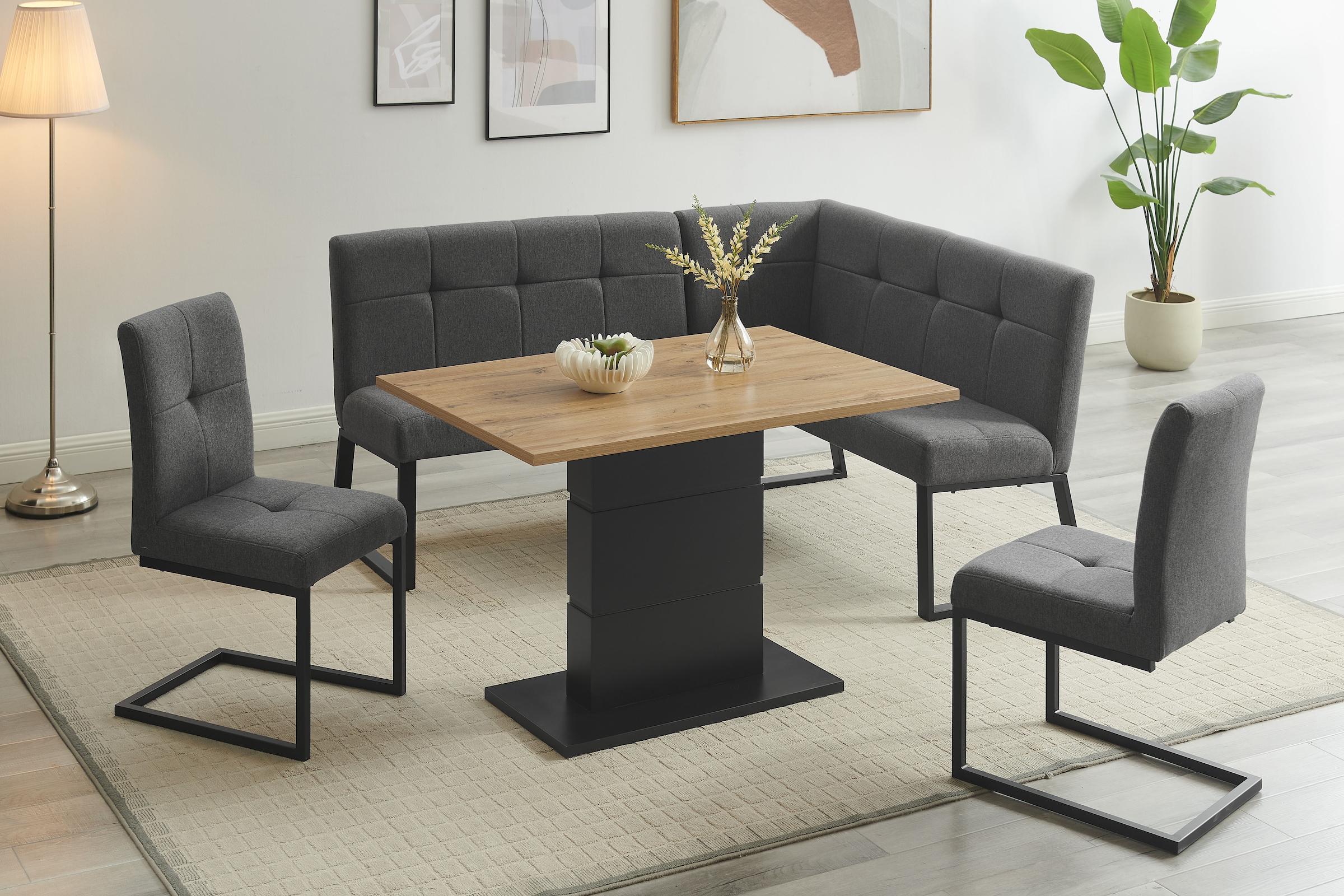 GOODproduct Eckbankgruppe »Geranie, Sitzgruppe, Eckbank links und rechts montierbar« Set, Gruppe bestehend aus Eckbank, Esstisch 120 cm, zwei Freischwinger, 4 Stk. tlg. Eckbank wahlweise links und rechts montierbar