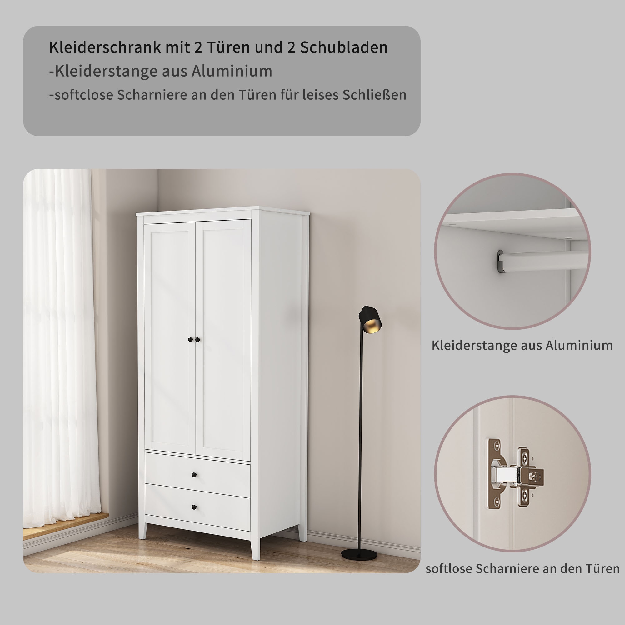 GOODproduct Armoires à vêtements »Borkum Schlafzimmerschrank Garderobe Landhaus Bestseller weiss« hochwertige schwarze Griffe aus Metall,  Schlafzimmerschrank mit 2 Türen und 2 Schubladen