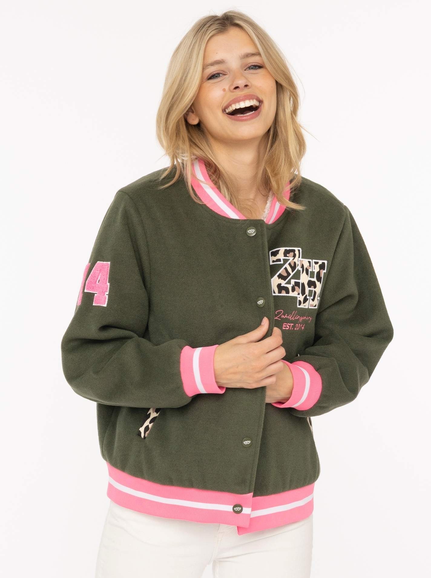 Zwillingsherz Veste bomber »„College Leo“« côtes rayées, détails léopard et doublure, patte à boutons-pression