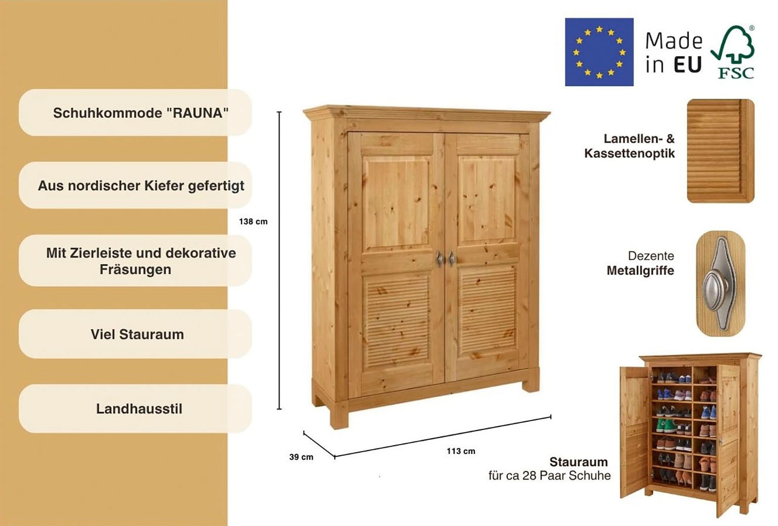 Home affaire Schuhkommode »Rauna« aus massiver Kiefer, viel Stauraum
