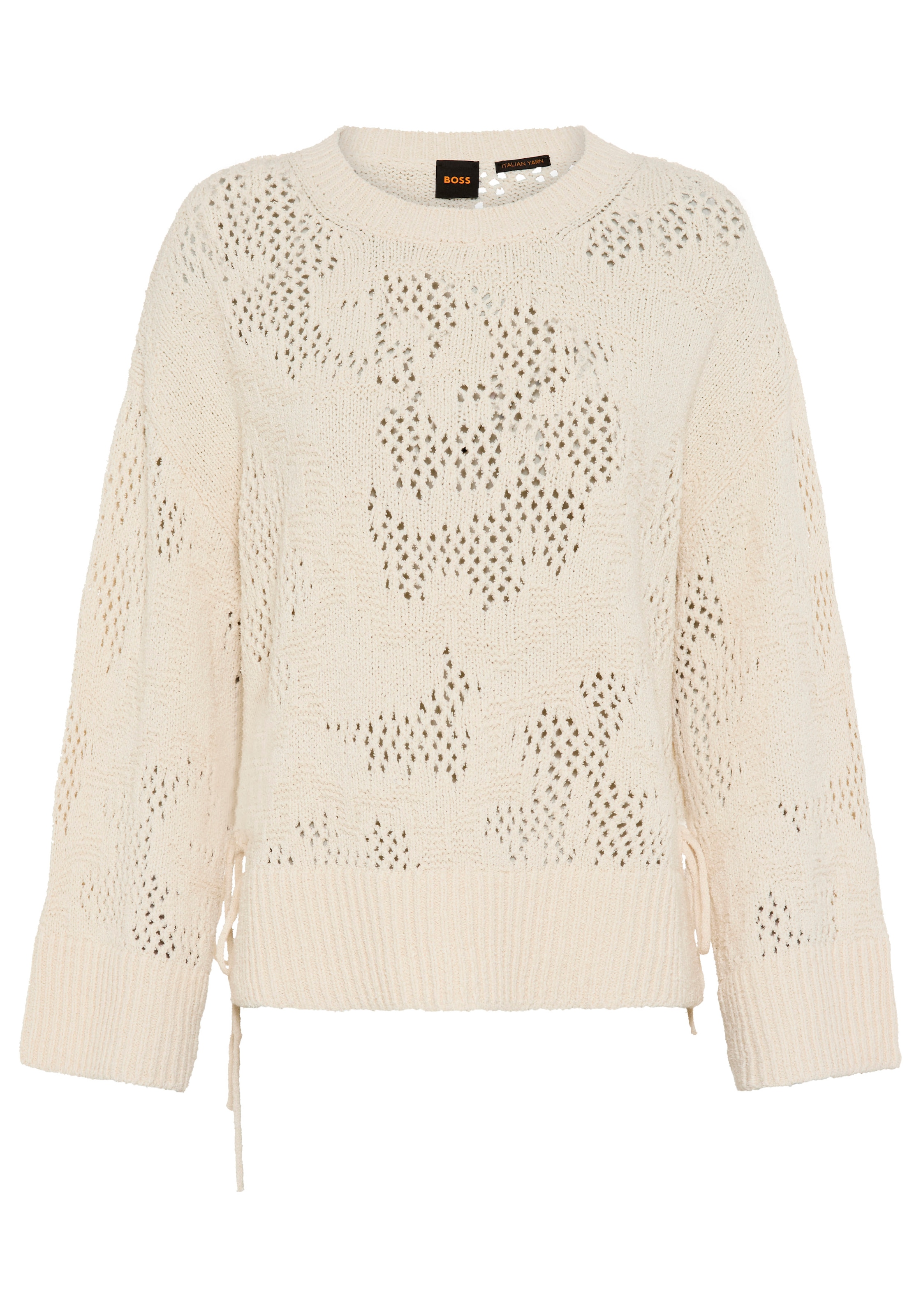 BOSS ORANGE Pull en tricot »Foira Premium Damenmode« mit seitlichen Bindedetails, Lochstrickmuster