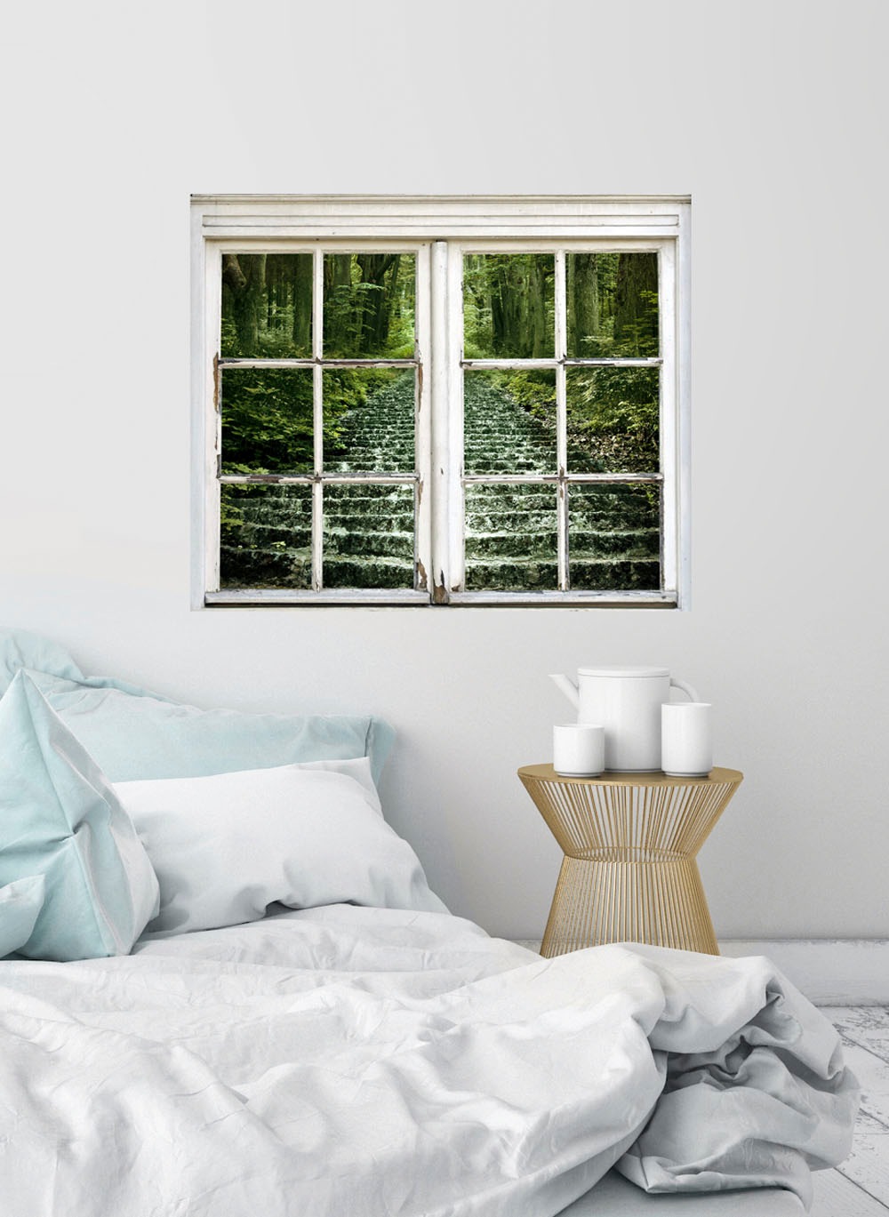 queence Autocollants muraux »Treppe im Wald« Wandsticker, Wandbild, selbstklebend, Wald, Bäume, Treppe