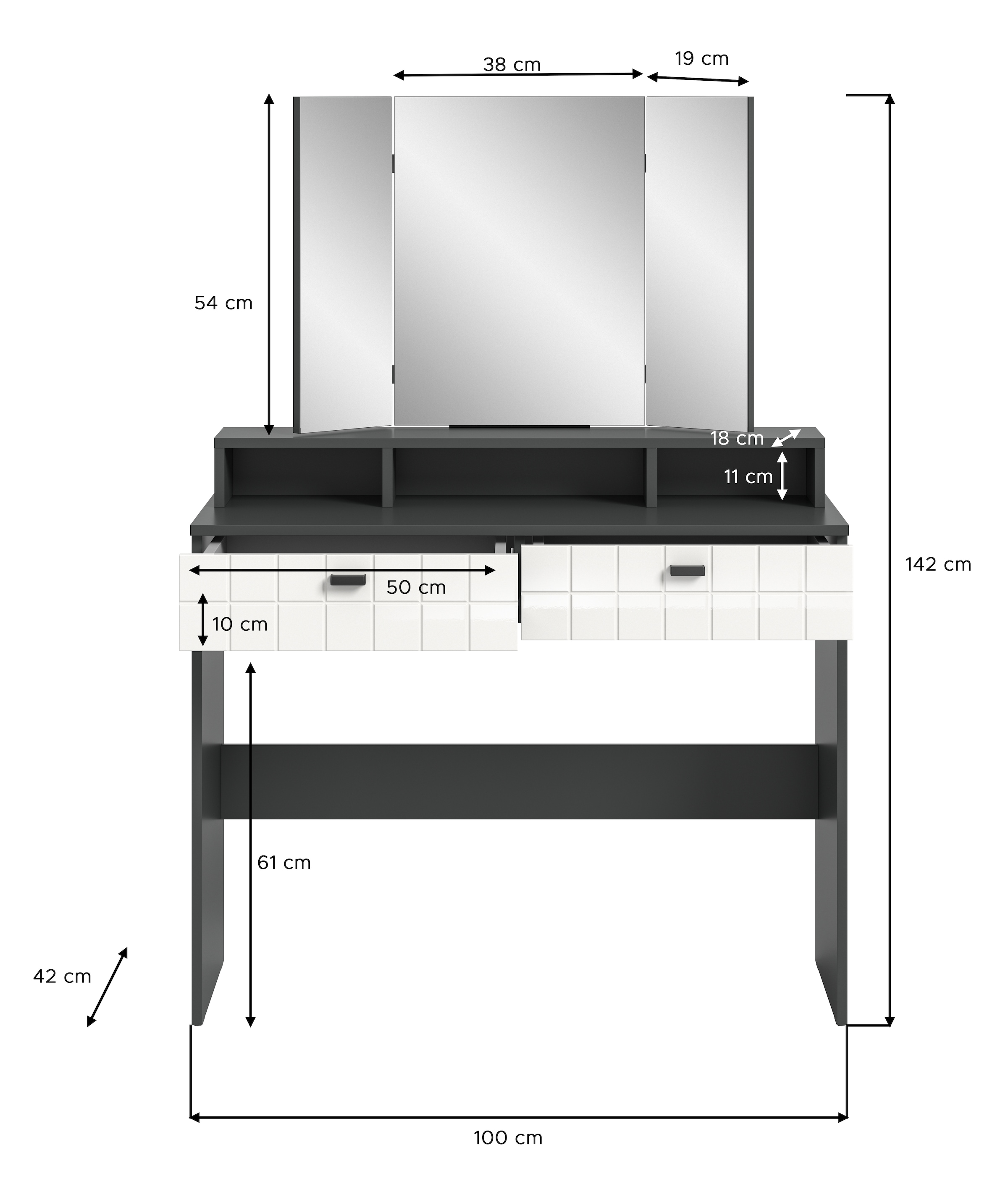 INOSIGN Coiffeuse »GORA, Breite 100 cm, 2 Schubkästen, 1feste & 2 faltbare Spiegelflächen« gefräste Front in Waffeloptik hochglanz, Frisiertisch, Spiegeltisch