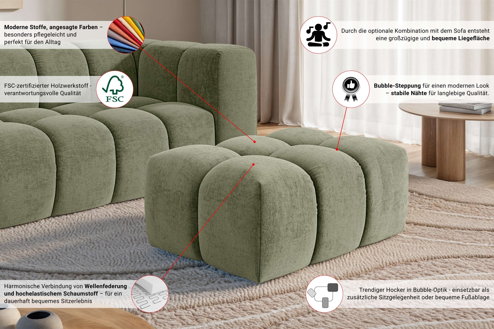 homsy by Ana Johnson Tabouret rembourré »BOUBELLE Sitzhocker mit Steppung, Bubble-Optik, Masse B/T/H: 97/67/42cm« erstklassige Verarbeitung, hoher Sitzkomfort und modernes Design