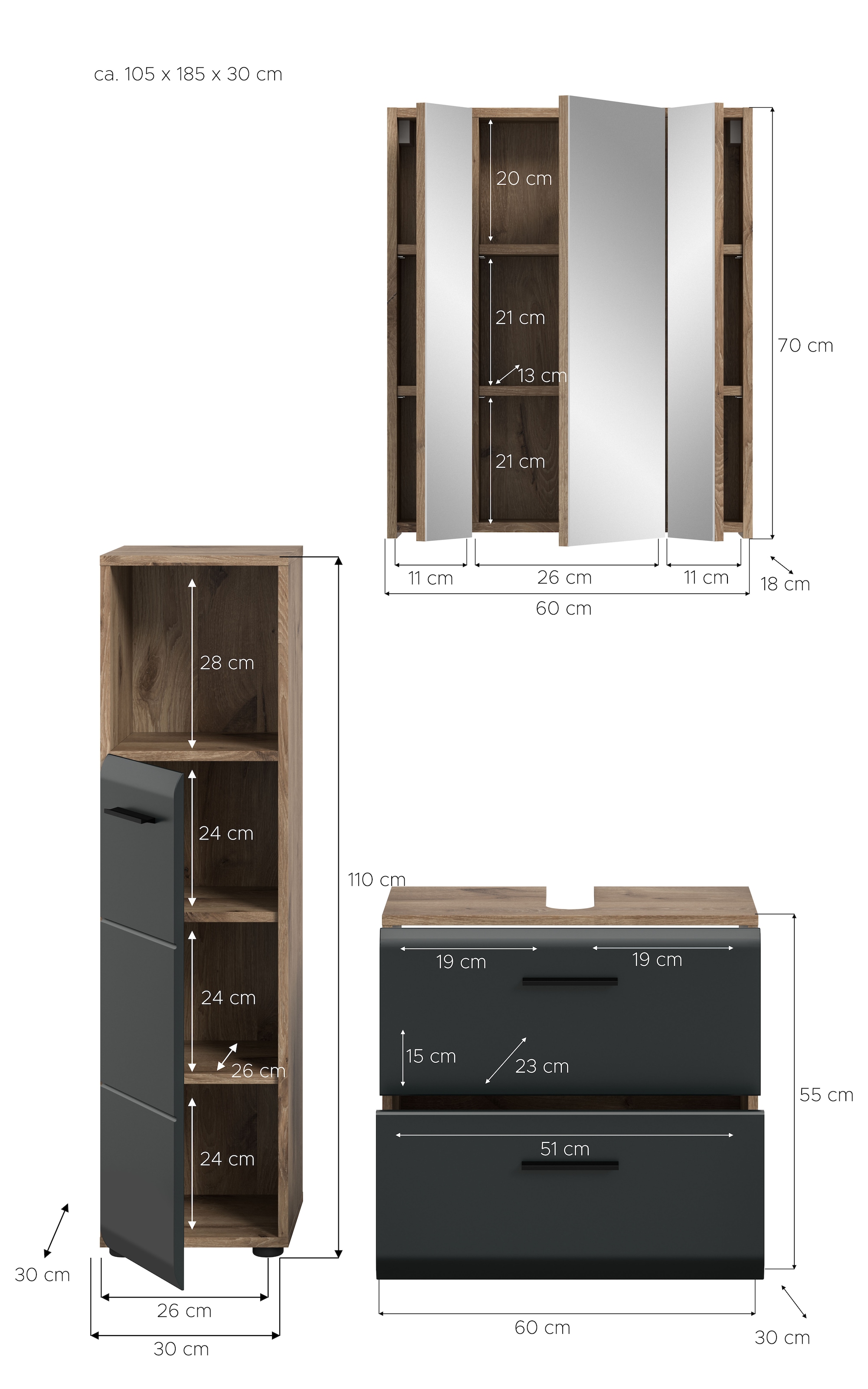 welltime Badmöbel-Set »FLORENZ, TOPSELLER!, 3-teilige Badkombination, hochwertige MDF-Front« best. aus: Midischrank hoch, Waschbeckenunterschrank, Spiegelschrank, 