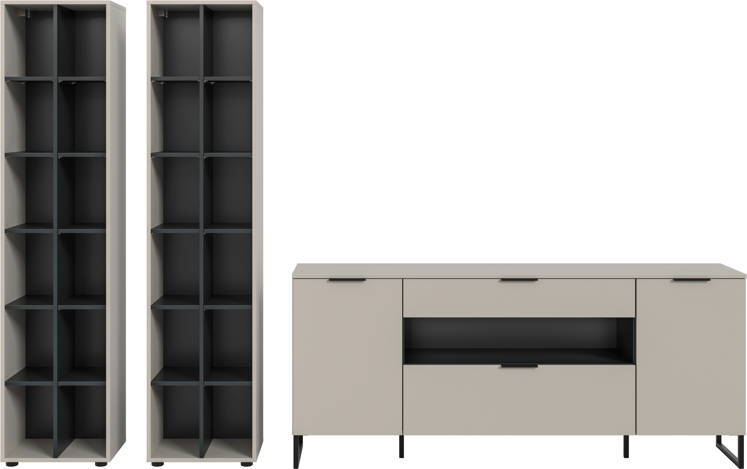 Home affaire Meuble mural »ADIO, Breite 305 cm, 3-teiliges Set, mit Metall-Kufenfüsse« Set, bestehend aus: 2x Standregal und Sideboard, 3 cuis tlg.