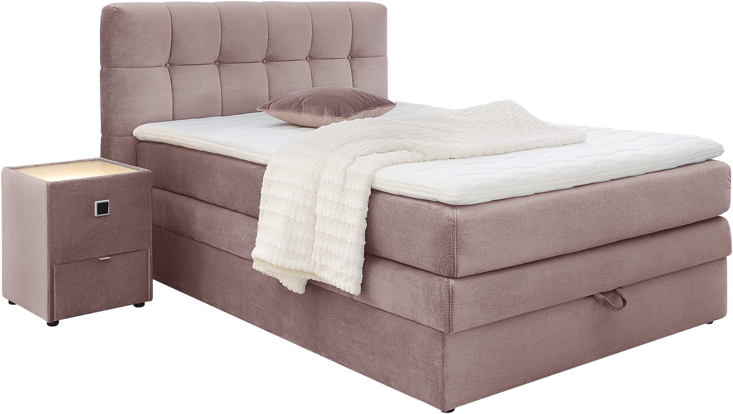 Jockenhöfer Gruppe Boxspringbett »AMY mit Bettkasten, inkl. Bonnell- oder Taschenfederkernmatratze H2-H4« mit 6 cm Kaltschaum-Topper, Samt-Bezug, 120x200 und 140x200 cm