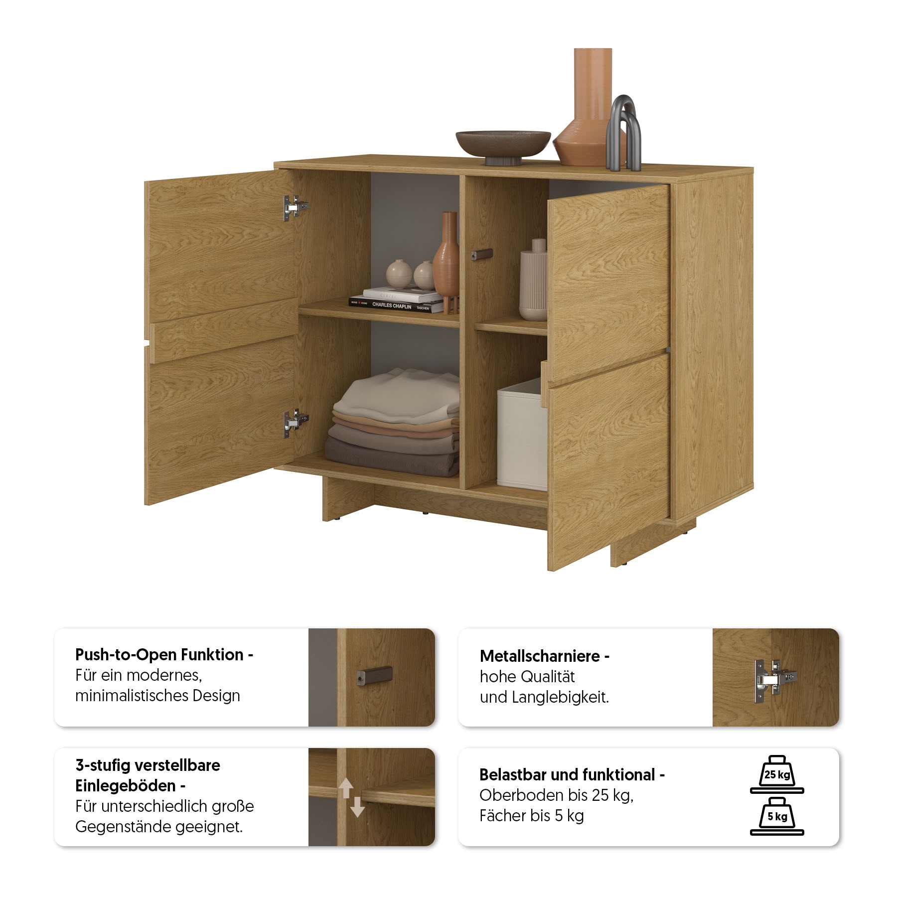 GOODproduct Buffet »Tatami, Stilvolle, moderne grifflose Kommode 2 Türen, Breite 111cm« buffet avec beaucoup de rangement, étagères réglables, fonction push-to-open