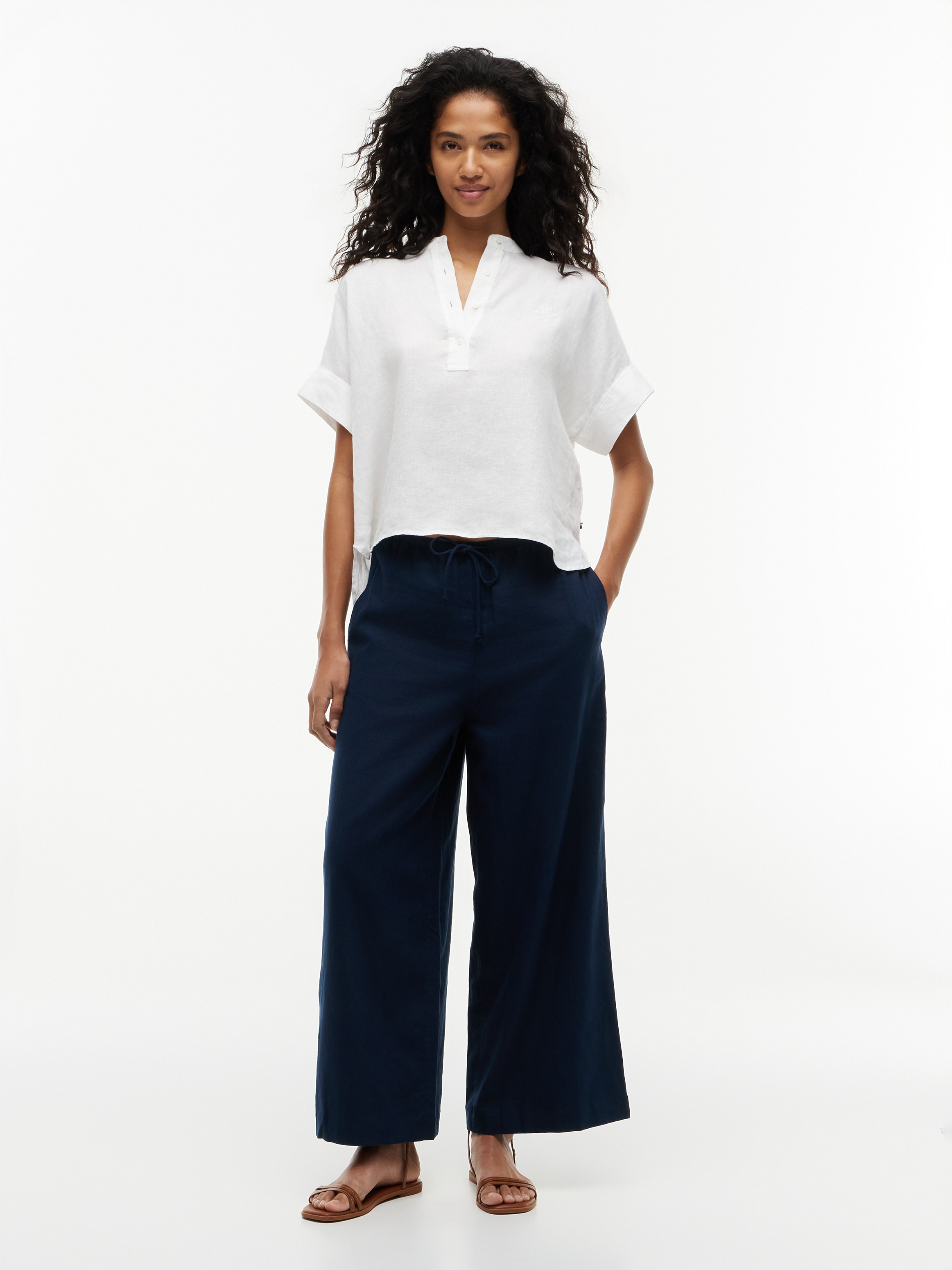 Tommy Hilfiger Kurzarmbluse »SUMMER LINEN POPOVER SS SHRT« Leinen, kurze Knopfleiste, hinten länger geschnitten