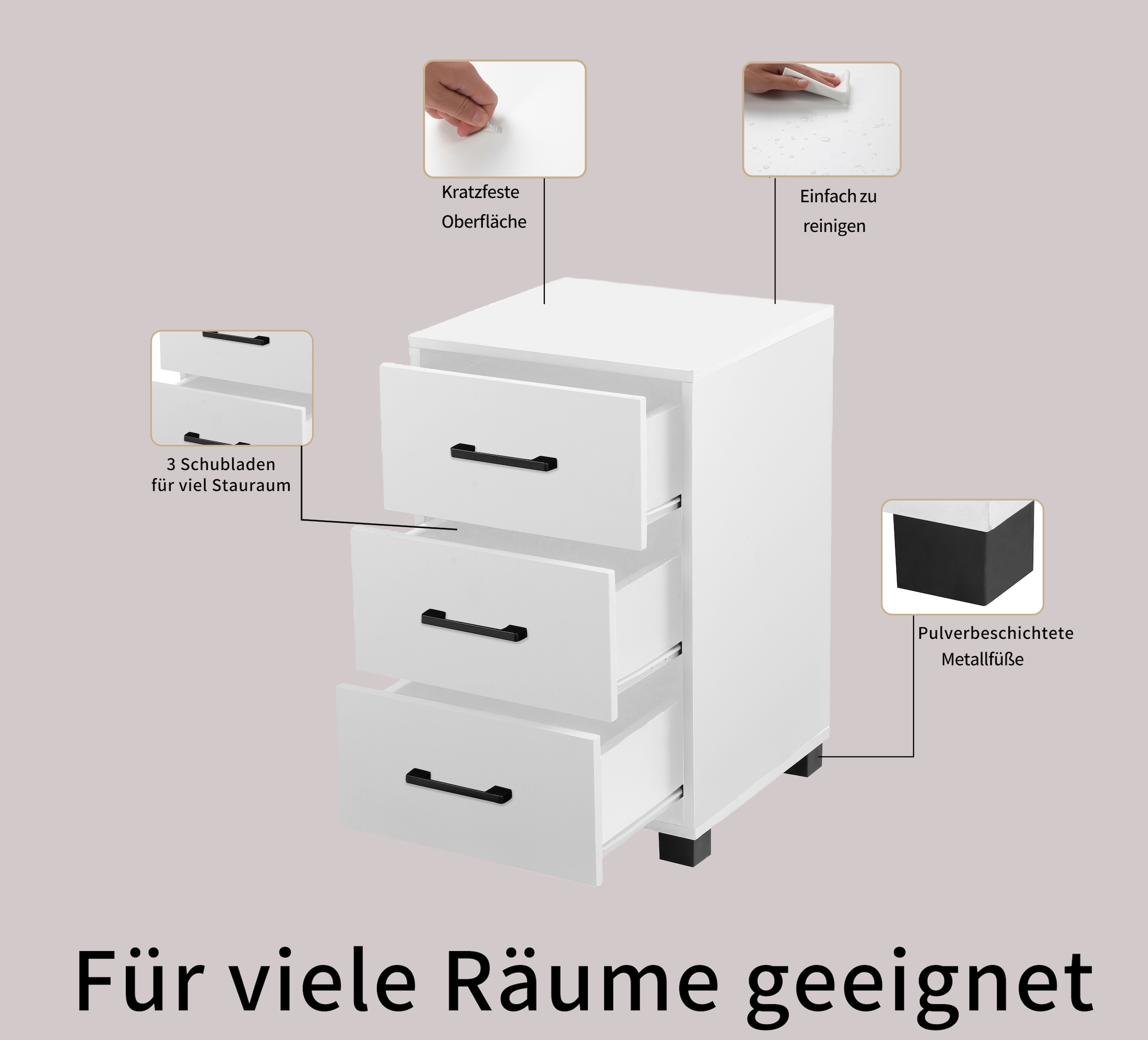 PLACES OF STYLE Container »Moid, Bürocontainer, Schreibtischcontainer,« 3 Schubladen, Metallgriffe, 40x64 cm