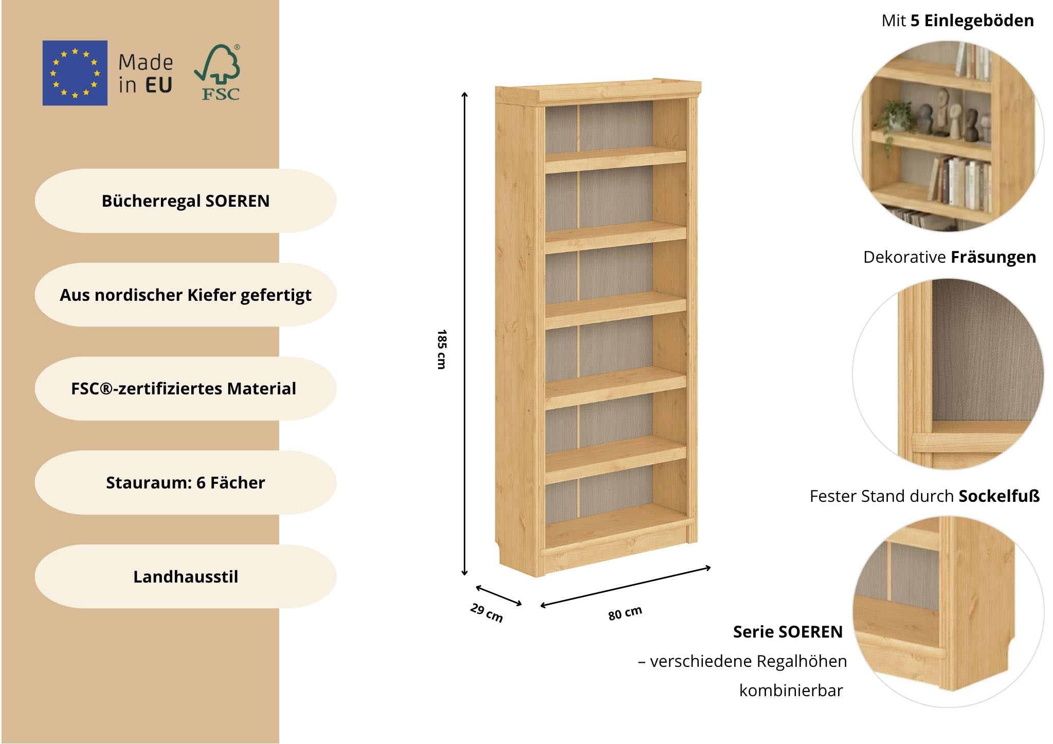 GOODproduct Bücherregal »Soeren Regal B/T/H: 80/29/185 cm, 6 Fächer« aus massiver Kiefer, FSC®-zertifiziert