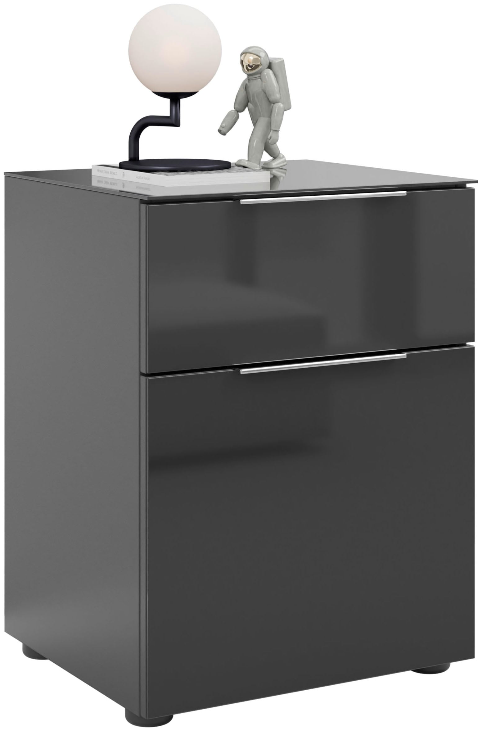 Manjana Möbel Nachtkommode »mit Chrom oder Schwarz matten Metallgriffen« mit Glasfronten, melaminbeschichtete Oberfläche, mit Vollauszug