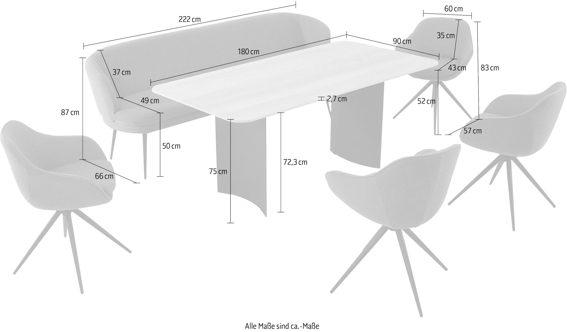 K+W Komfort & Wohnen Ensemble de salle à manger »ZOOM« ensemble repas arrondi avec banc solo, 4 fauteuils et 1 table