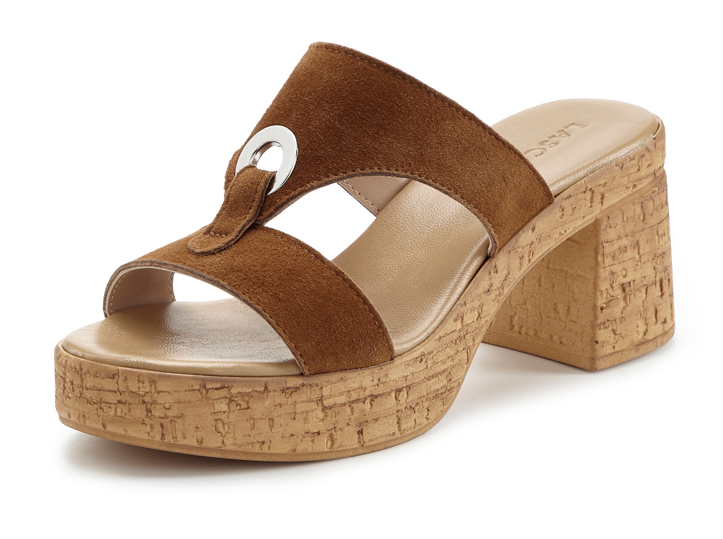 LASCANA Pantolette »Sandale, Mule, offener Schuh, Sommerschuh,«  en cuir avec talon bloc aspect liège