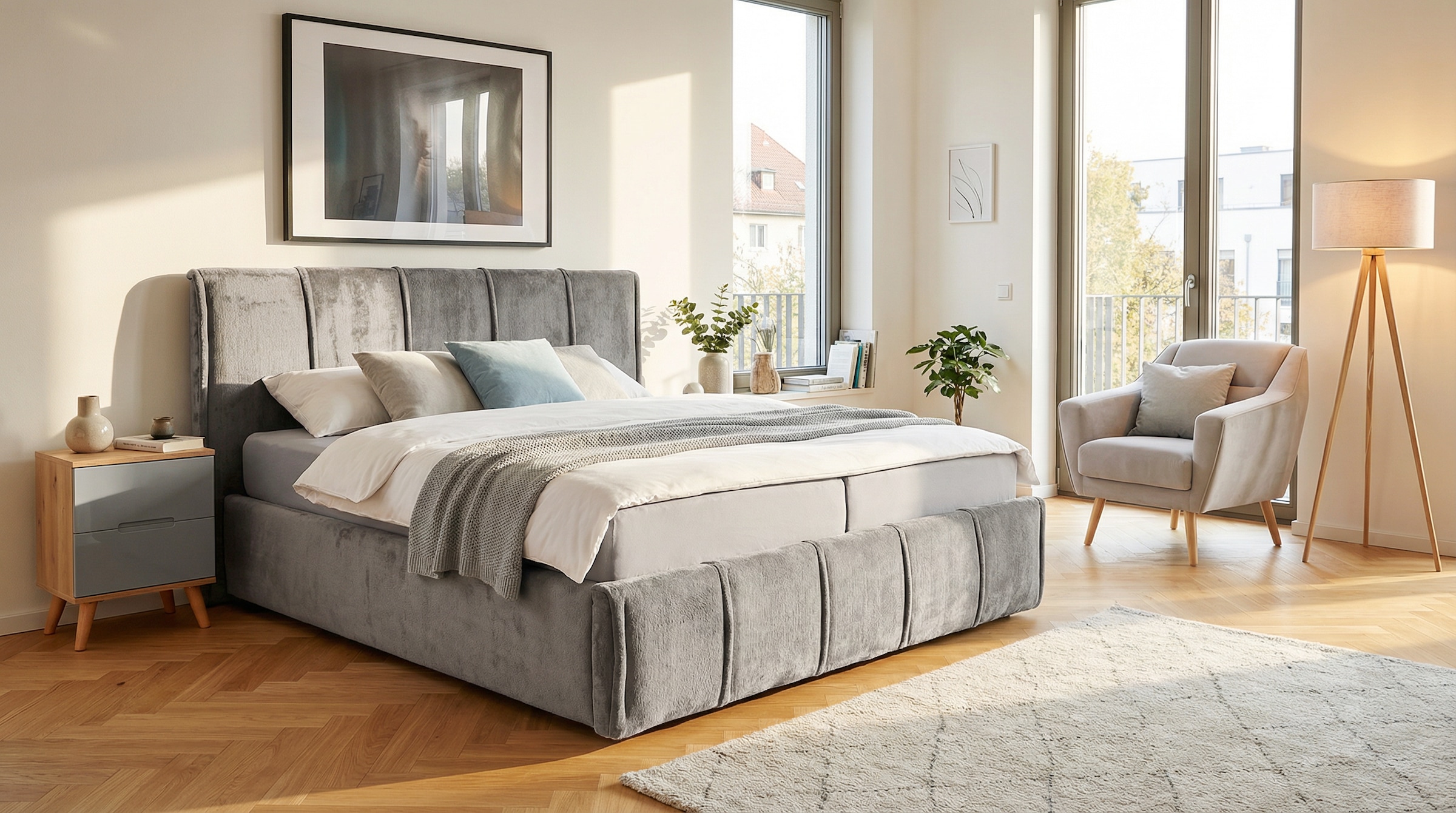 GOODproduct Lit rembourré »EVELLINA in der Grösse 180x200 cm, mit flauschigem Stoff bezogen« au choix avec sommier à lattes et matelas King (28cm)