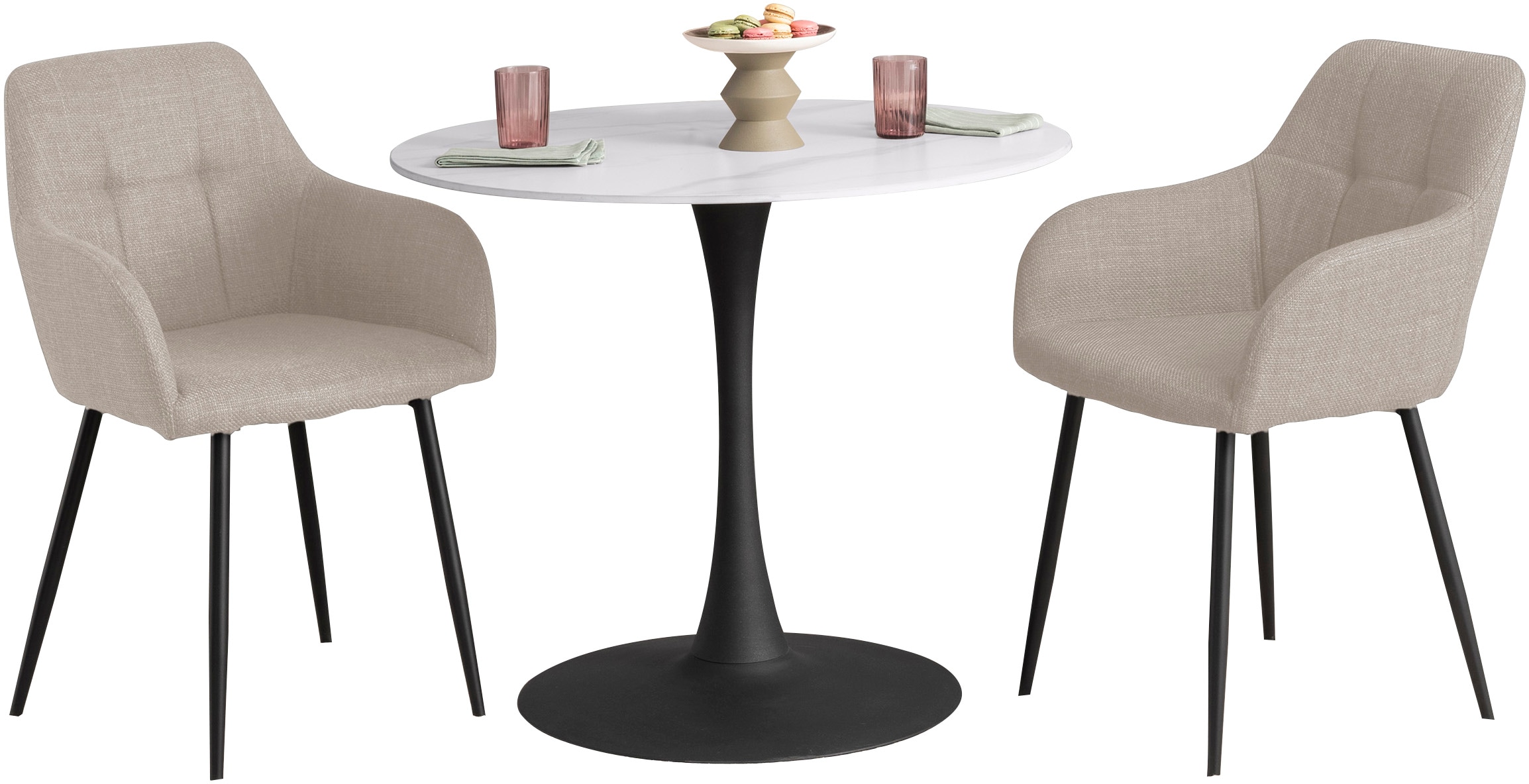 HELA Essgruppe »MOSEL« 3 Stk. tlg. Tisch 90x75 cm, Platte rund, gesinterter Stein, Armlehnenstuhl