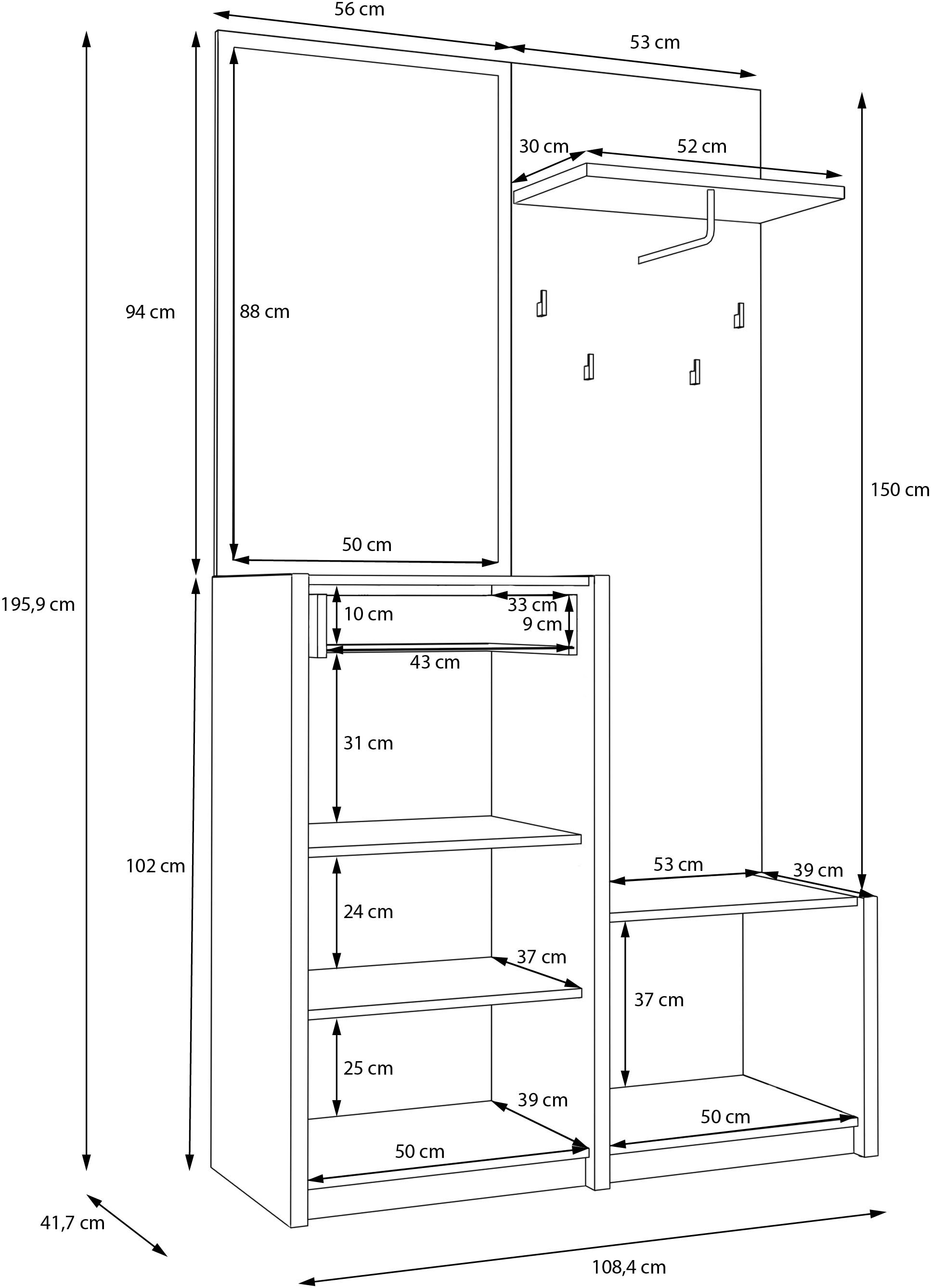 FORTE Vestiaire compact »Oak Squere Garderobe, 1 Türe, 1SK, 1 Klappe« L/H/P 108,4 /195,9/41,7 cm miroir, crochet, tringle à vêtements