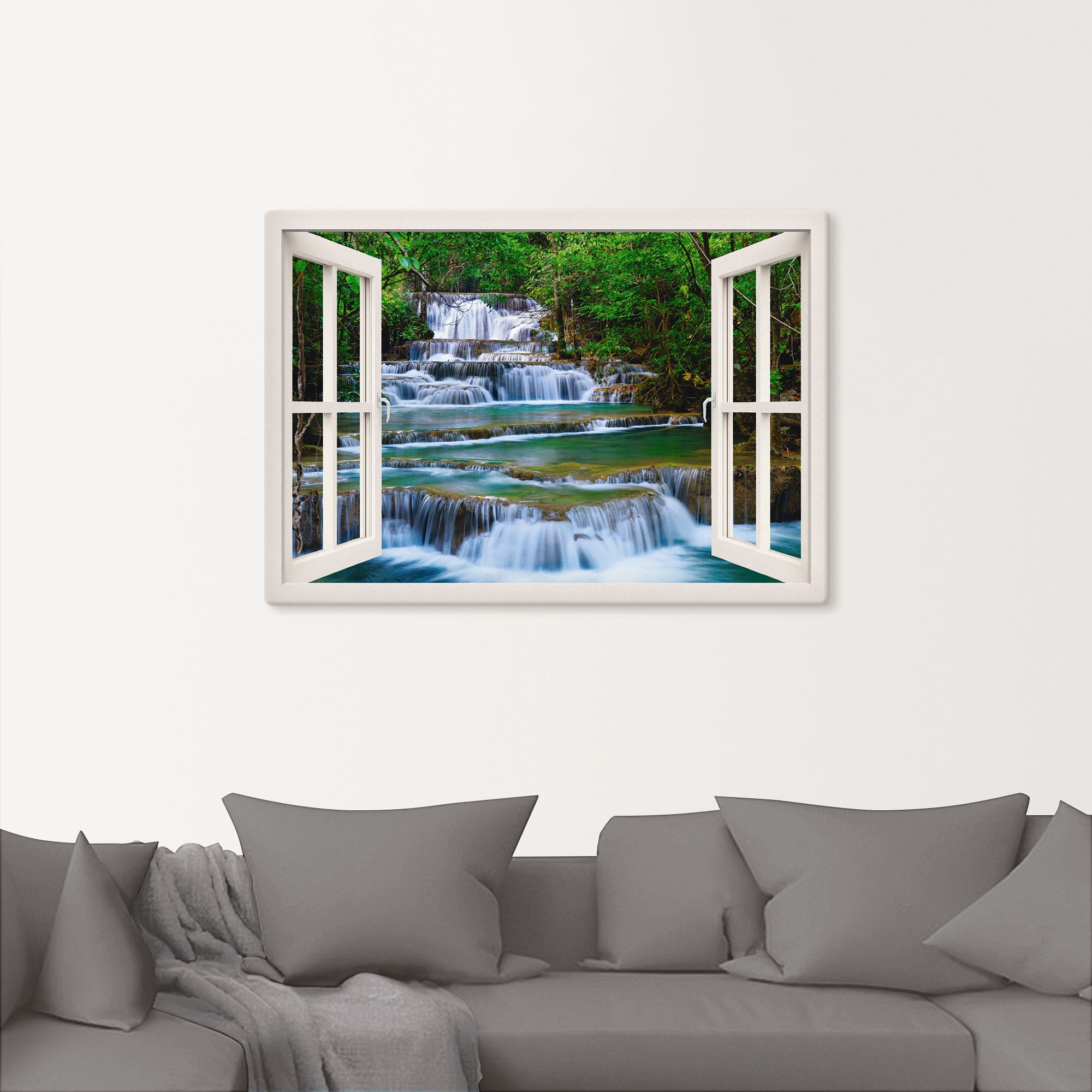 Artland Leinwandbild »Fensterblick Wasserfall in Kanchanaburi« Fensterblick 1 Stk. tlg. auf Holzrahmen gespannt