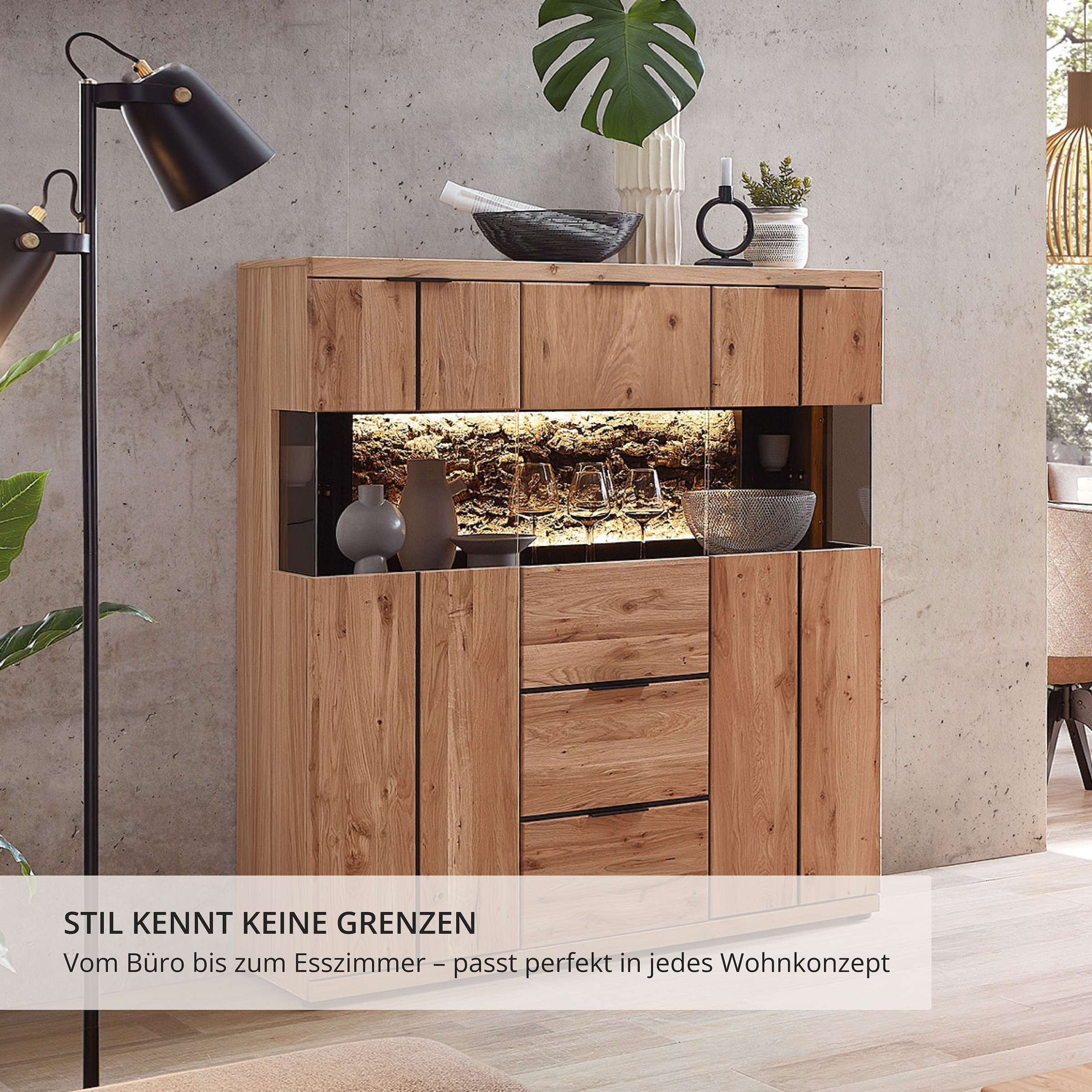 Wohnconcept Buffet haut »Donna Highboard, 122x144x42 (BxHxT)« 1 cuis tlg. Beleuchtung optional bestellbar, 3 türig, 2 Schubkasten, Softclose