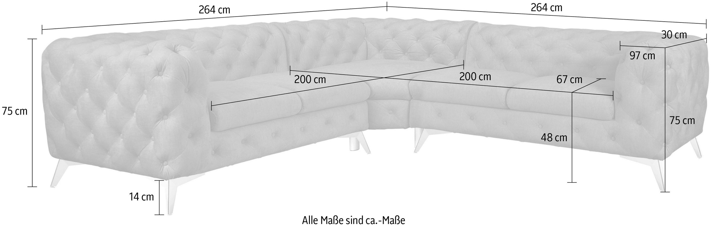 Home affaire Chesterfield-Sofa »Ecksofa GLYNIS L-Form mit Wellenunterfederung, Masse B/T/H 264/264/75cm« aufwändige Knopfheftung, moderne Chesterfield Optik, Fussfarbe wählbar